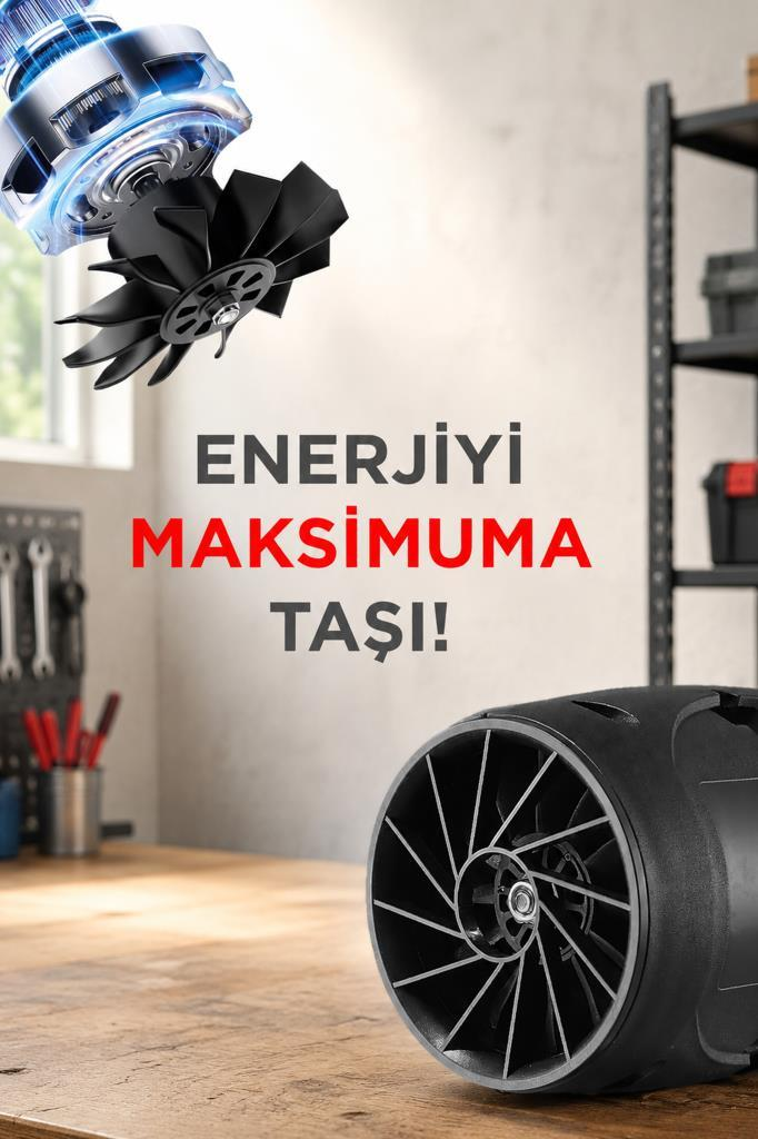 Ahşap masa üzerinde turboşarj ünitesi ve fan, atölye arka planı.
