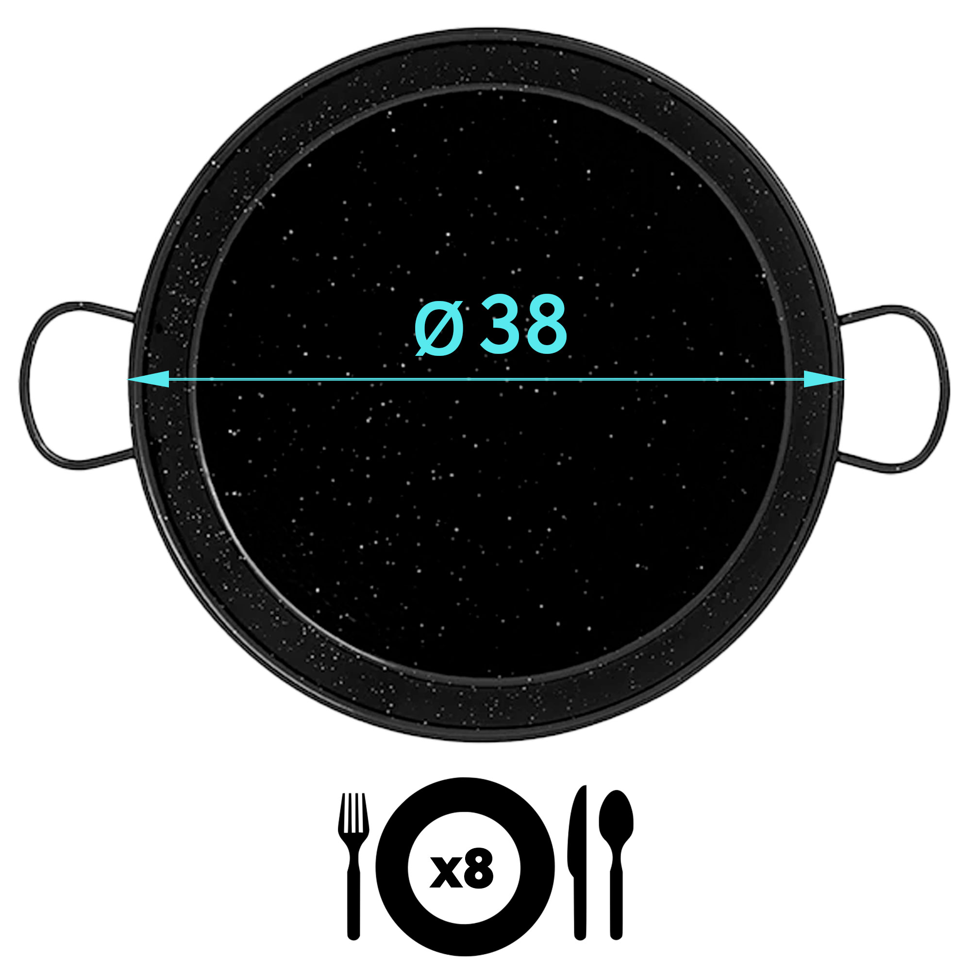 Sartén negra de 38cm de diámetro, para 8 personas.