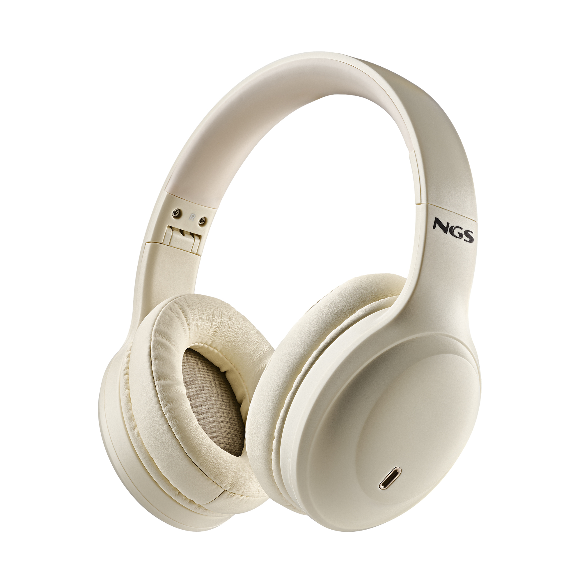 Cuffie beige con logo NGS, su sfondo bianco.
