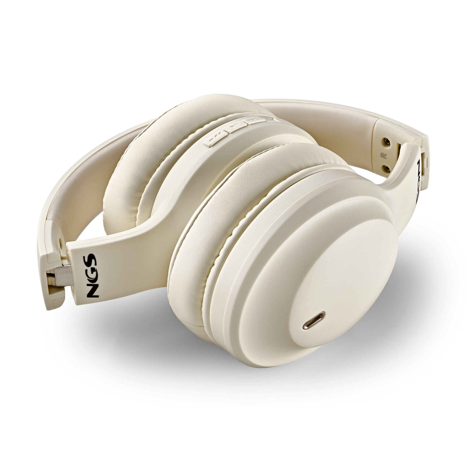 Cuffie beige con padiglioni imbottiti e logo NGS sull'archetto.