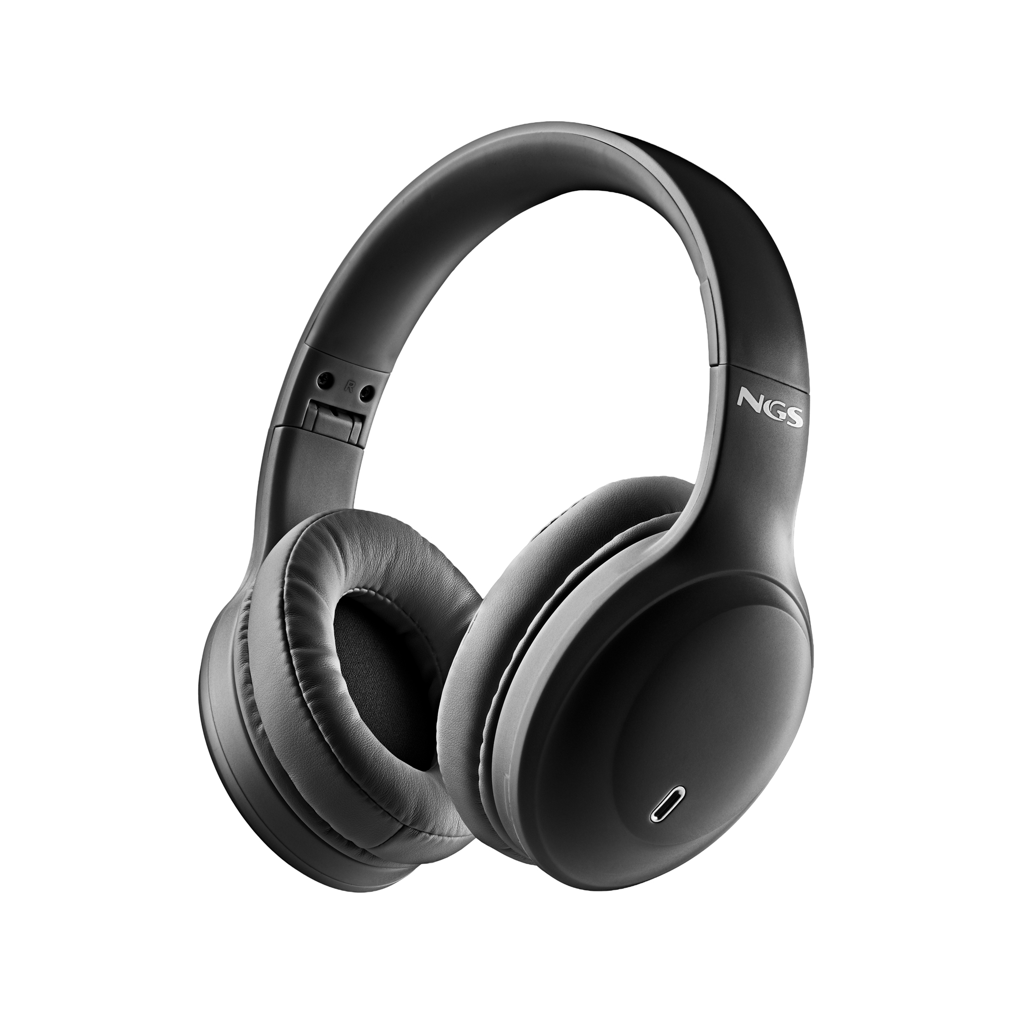 Cuffie over-ear nere con padiglioni imbottiti e archetto. Logo NGS visibile.