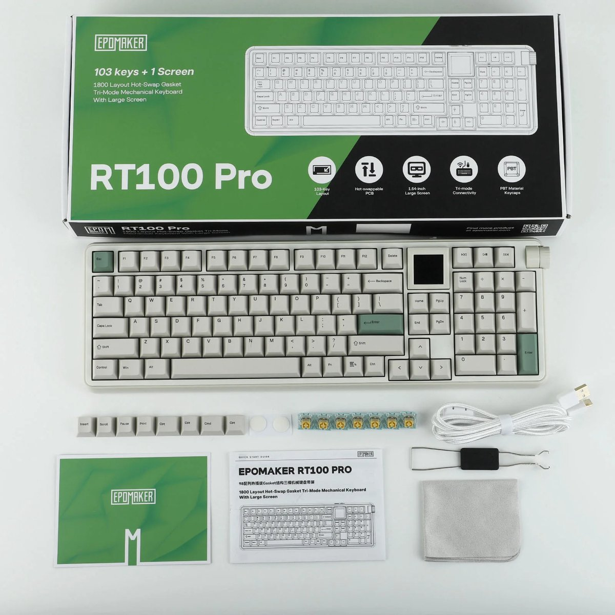Un emballage de clavier EPOMAKER RT100 Pro avec accessoires sur une table blanche.
