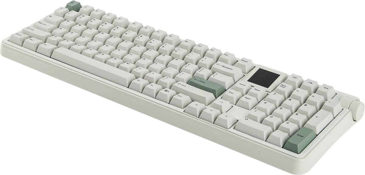 Un clavier mécanique gris clair avec touches blanches, touches d'accent vertes et écran noir.