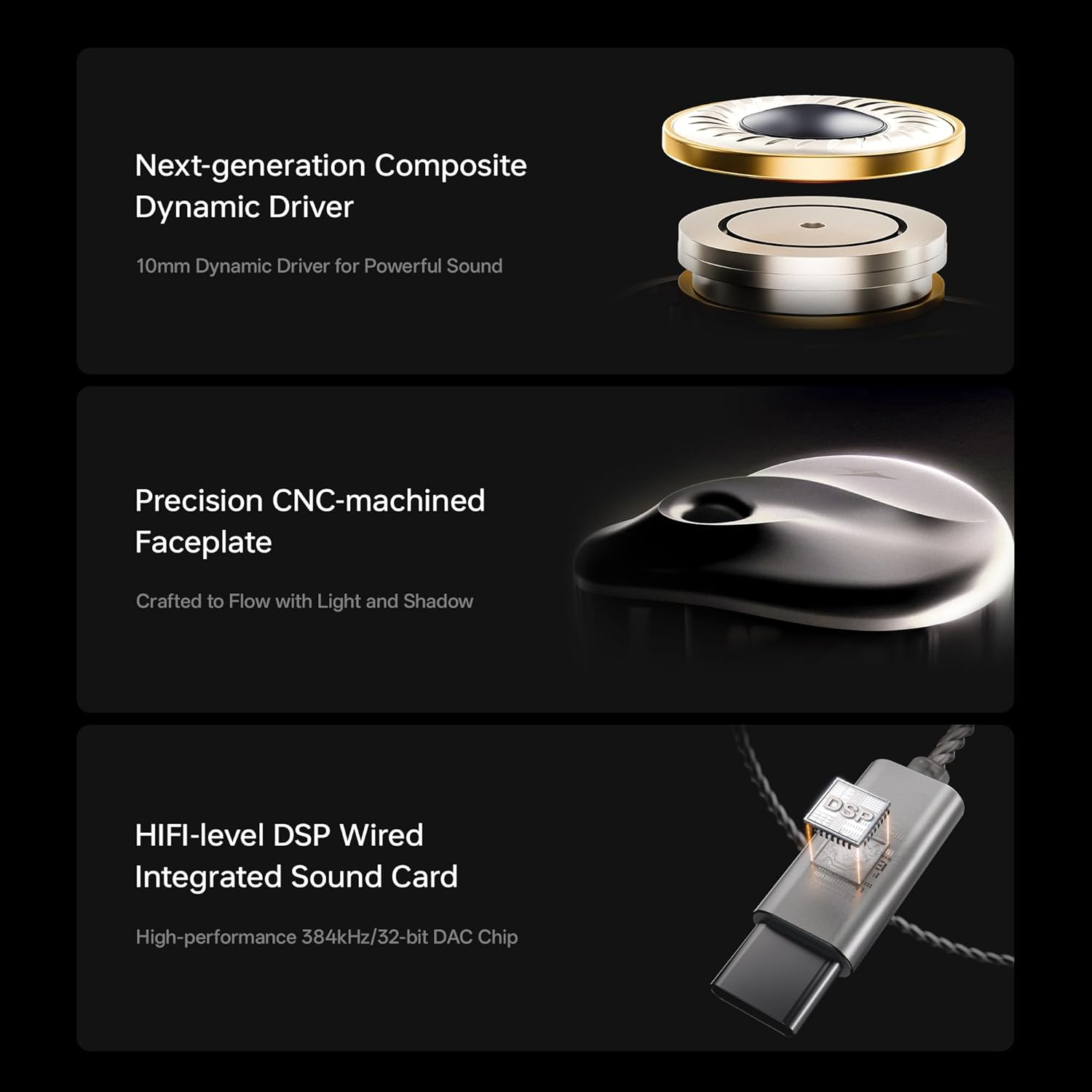 Transducteur dynamique composite, plaque frontale CNC et carte son filaire DSP avec connecteur USB-C.