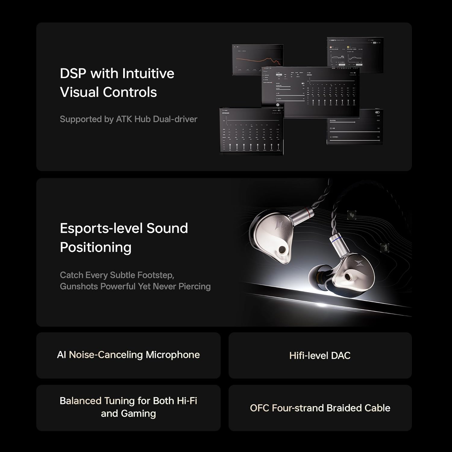 Fonctionnalités du produit : commandes DSP, son e-sport, micro IA, DAC Hi-Fi, câble tressé.