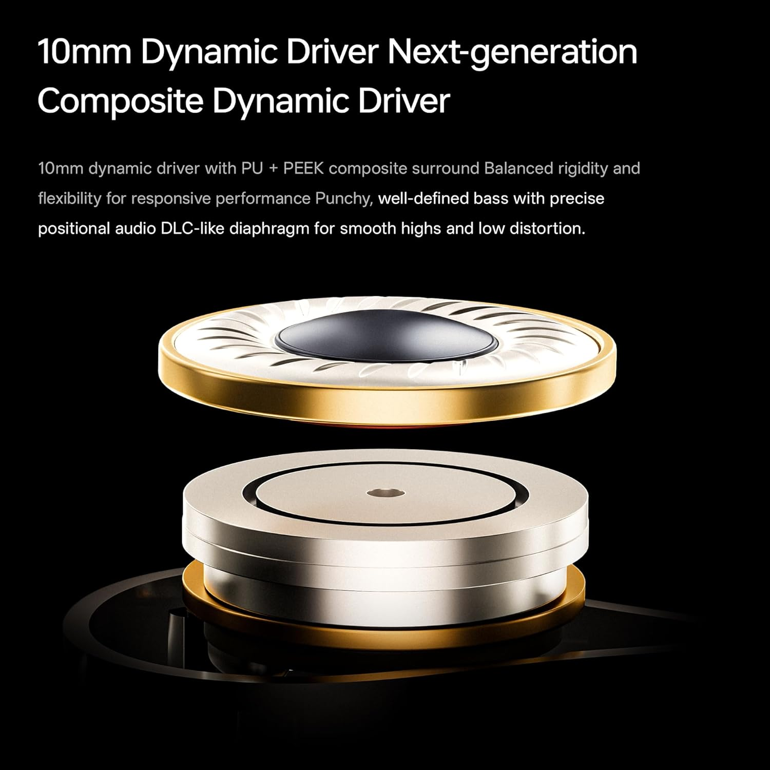 Driver 10mm avec diaphragme PU+PEEK, bord doré, couches argentées.