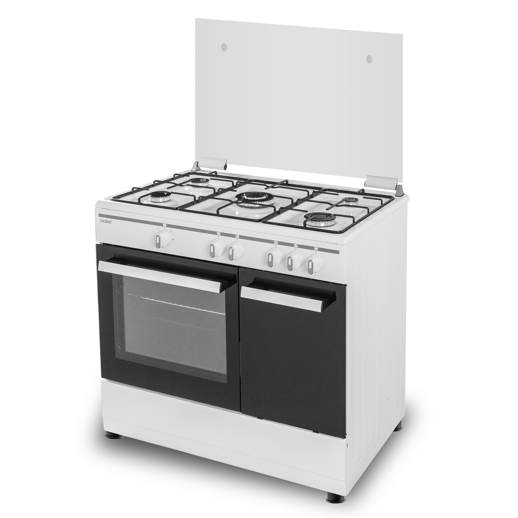 Una cocina de gas blanca con cuatro quemadores y un horno con puerta negra.