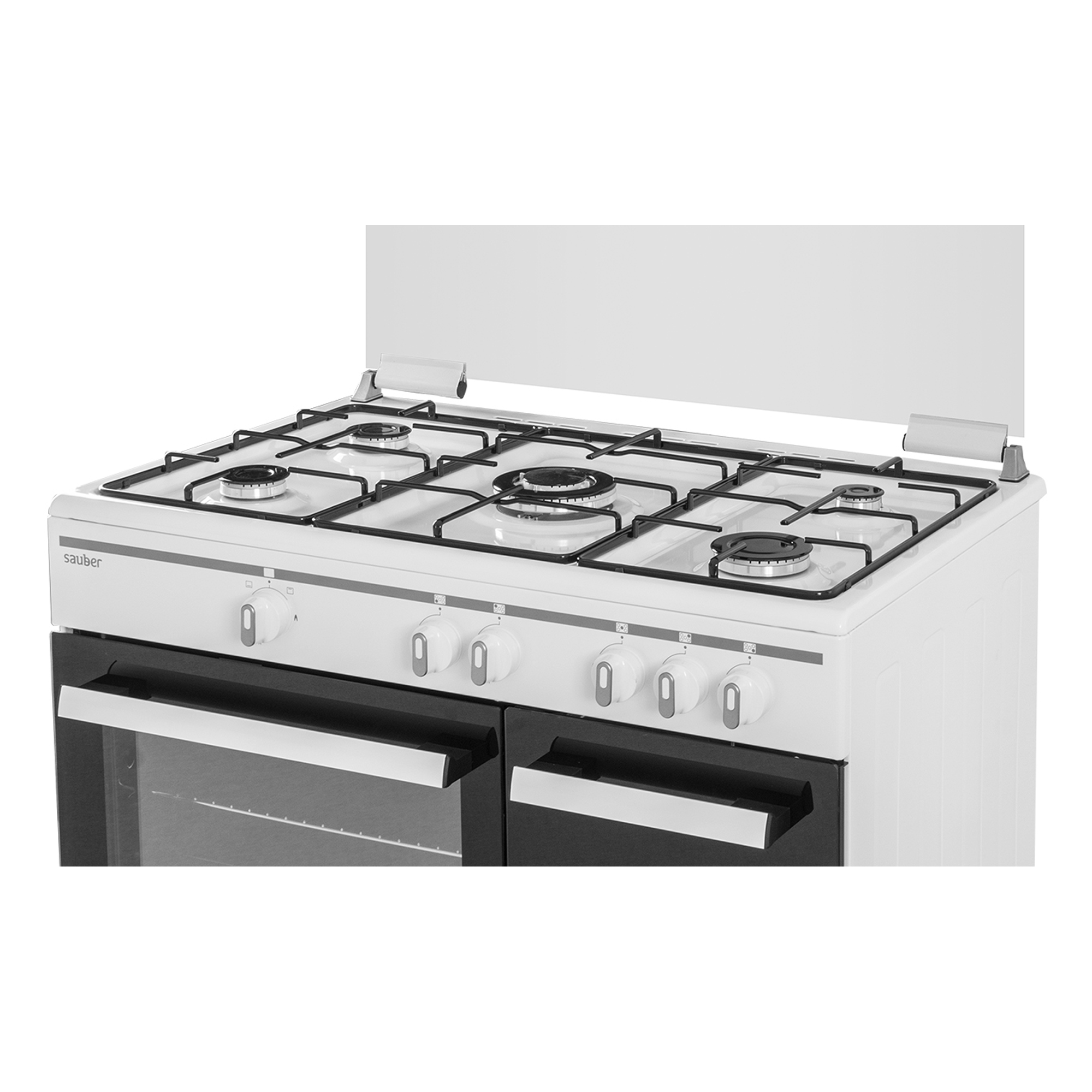 Una estufa de gas blanca con cuatro quemadores, perillas manuales y horno.