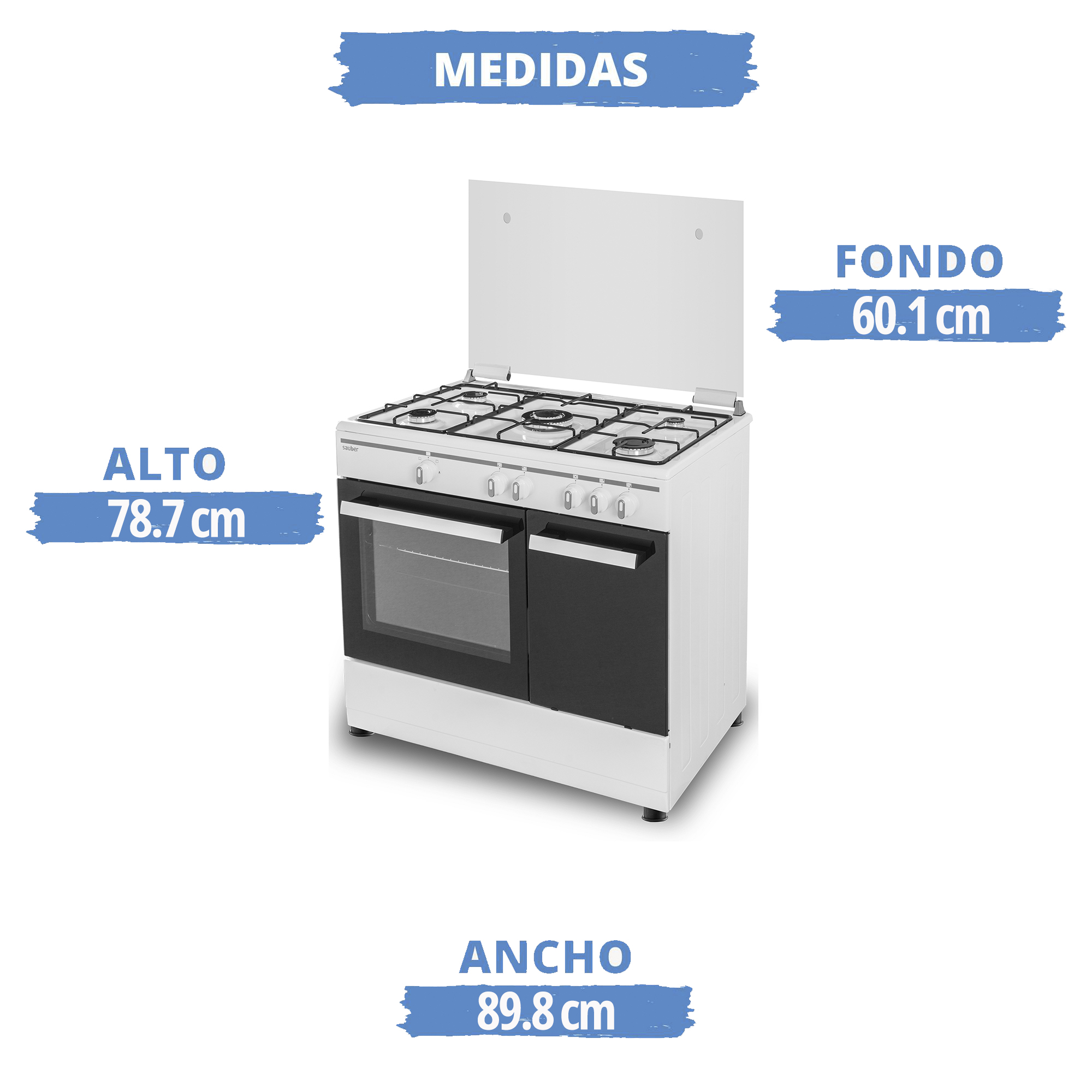 Una estufa de gas blanca con cuatro quemadores, horno y cajones. Se muestran medidas.