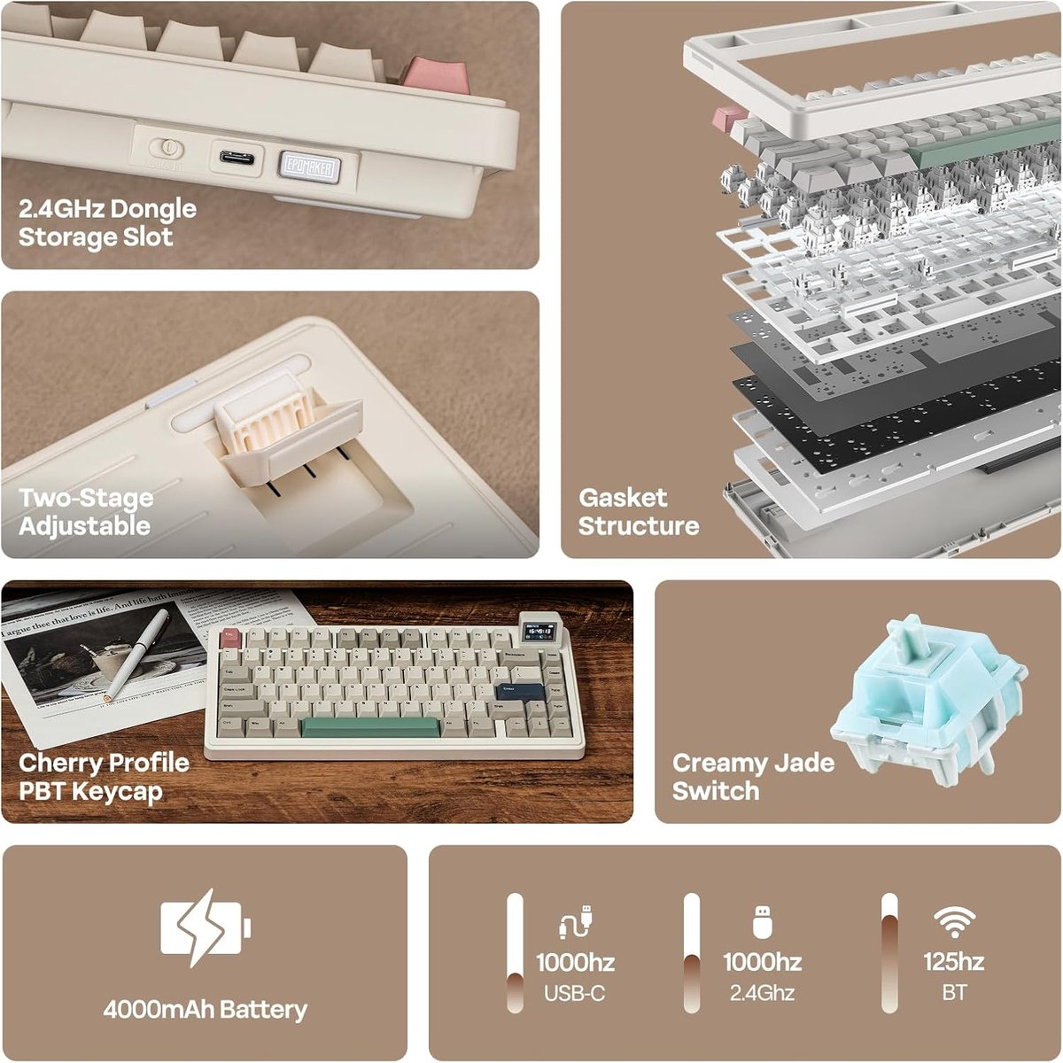 Une disposition de clavier avec des touches PBT profil Cherry, un éclairage RVB et un petit écran.