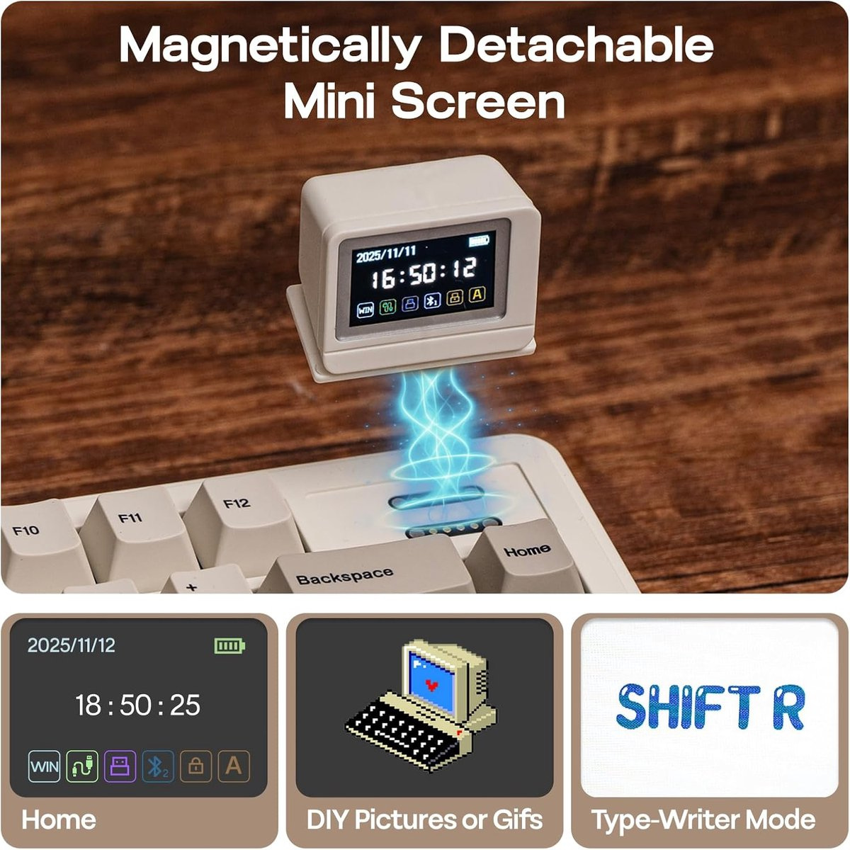 Mini écran détachable magnétiquement avec clavier et affichages de mode.