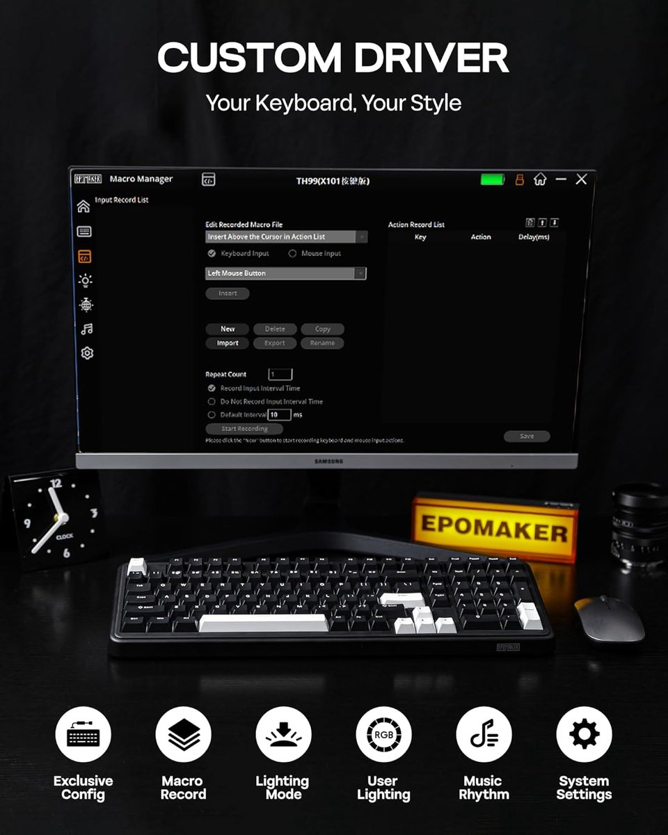 Een zwart toetsenbord met macrobeheersoftware op een monitor, met pictogrammen.