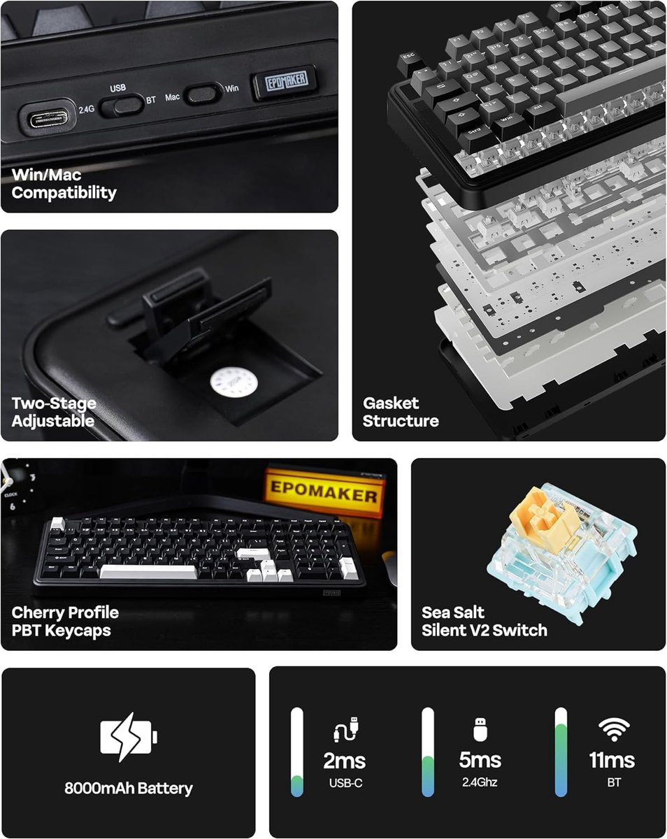 Toetsenbordfuncties: Win/Mac-compatibiliteit, verstelbare standaard, gasket-structuur, PBT-toetsen, 8000 mAh batterij, 2-11 ms latentie.
