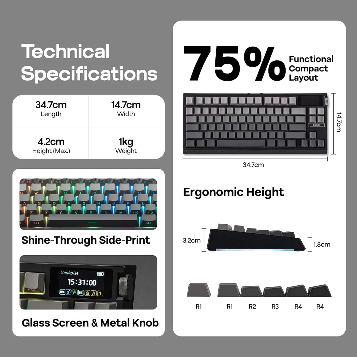75% toetsenbord specificaties: 34,7cm L, 14,7cm B, 4,2cm H, 1kg. Met zij-geprinte toetsen, glazen scherm, metalen knop.
