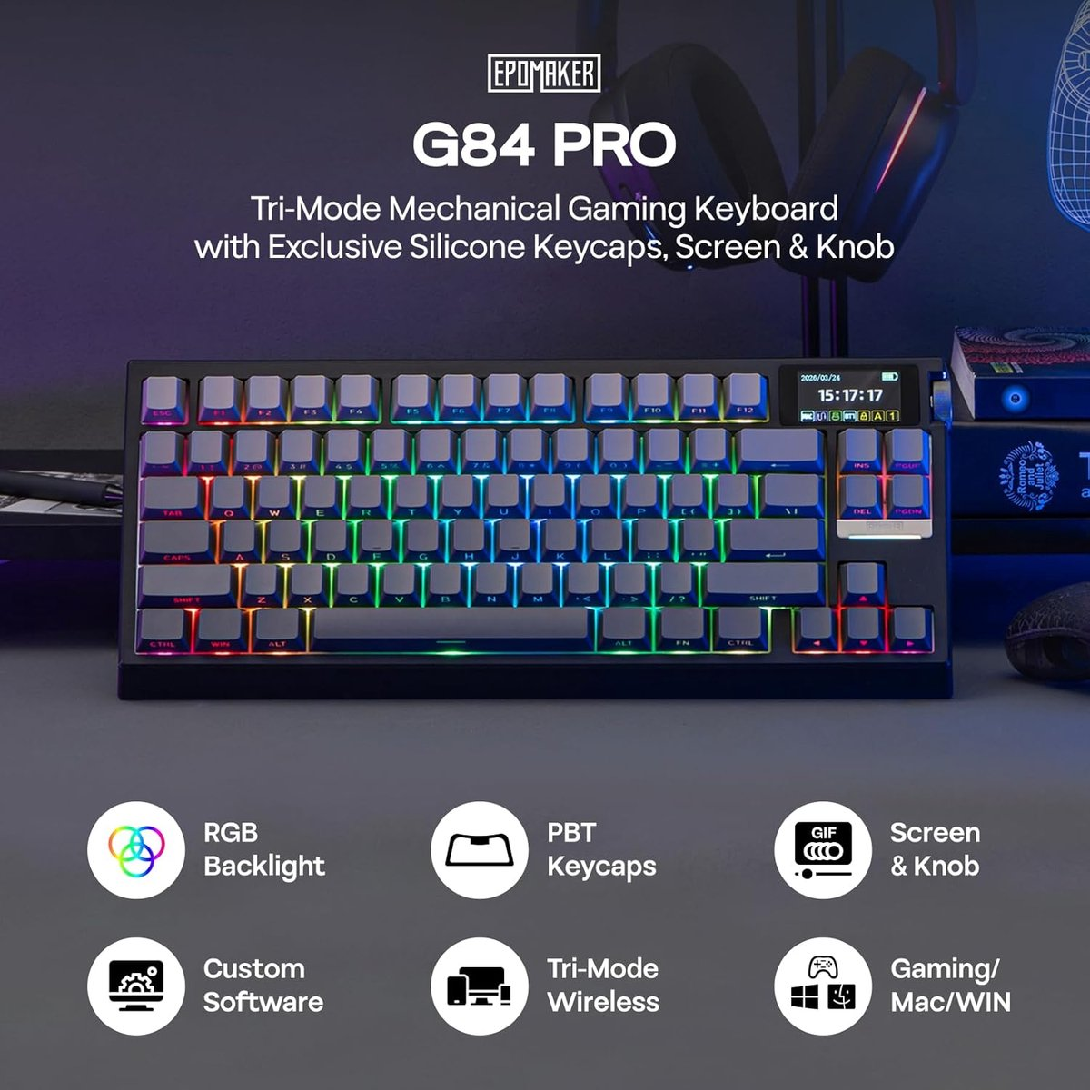 Een G84 PRO gaming toetsenbord met RGB-achtergrondverlichting, PBT-toetsen, scherm & knop.