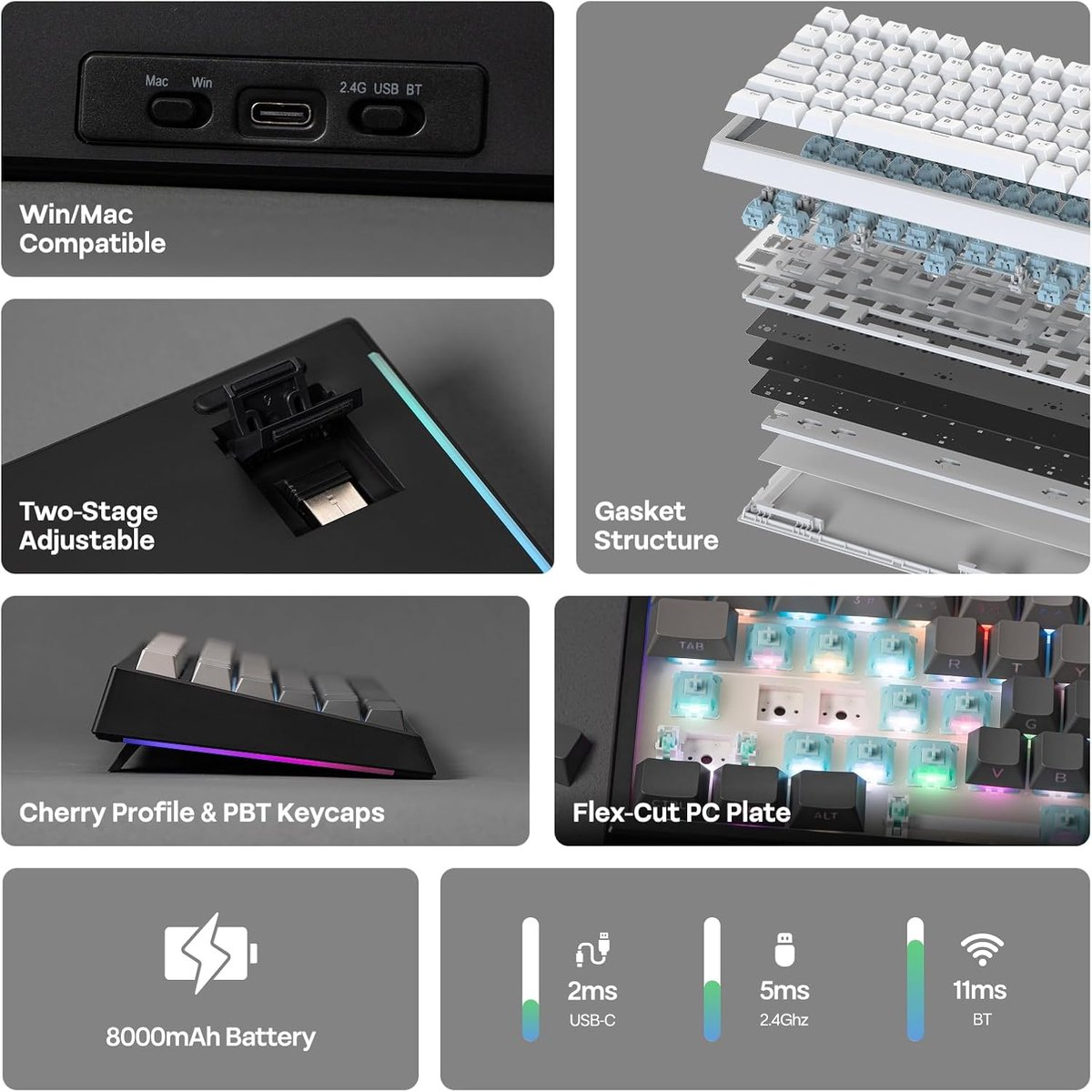Een toetsenbord met zes detailfoto's die functies zoals compatibiliteit, structuur en batterij tonen.