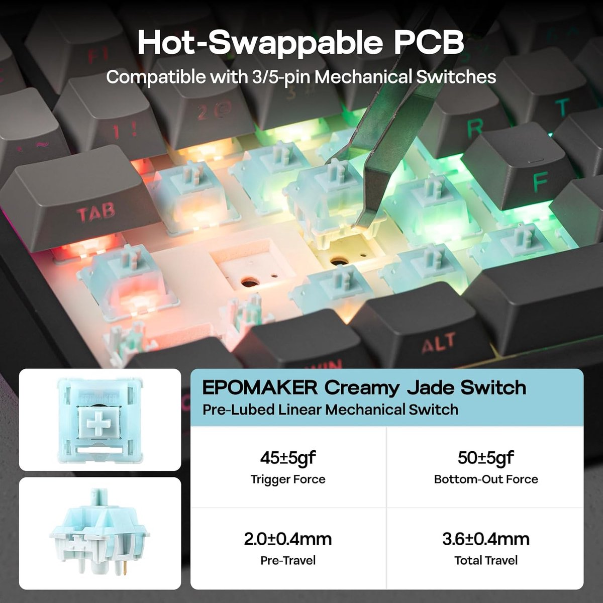 Hot-swappable PCB met blauwe mechanische schakelaars verwijderd met pincet.