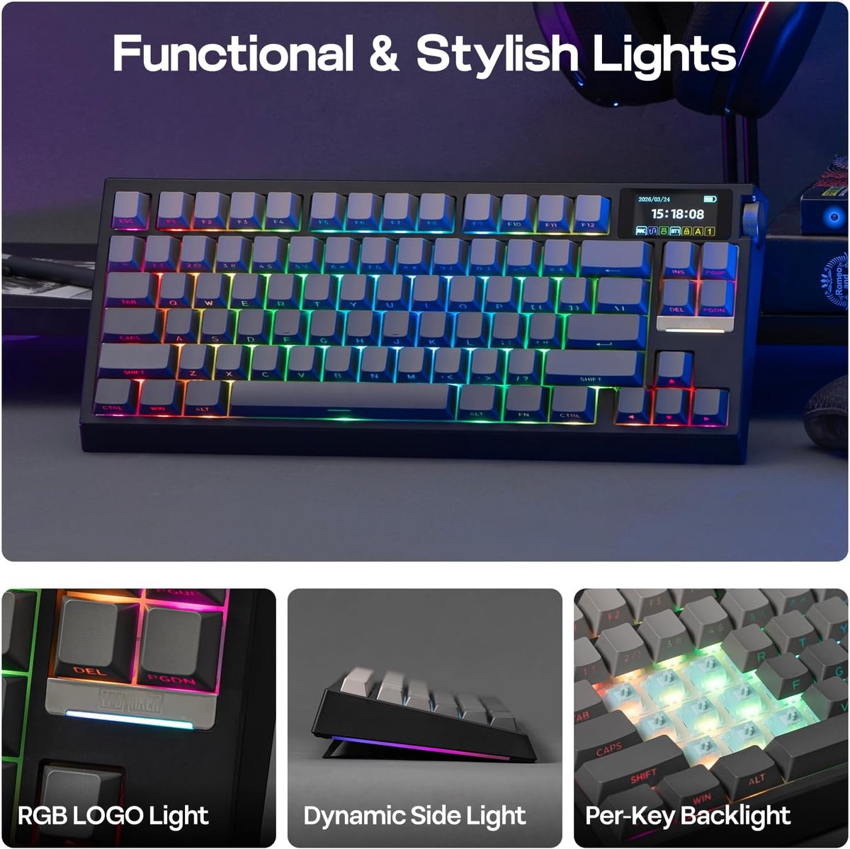 Een toetsenbord met RGB-verlichting en een klein scherm.
