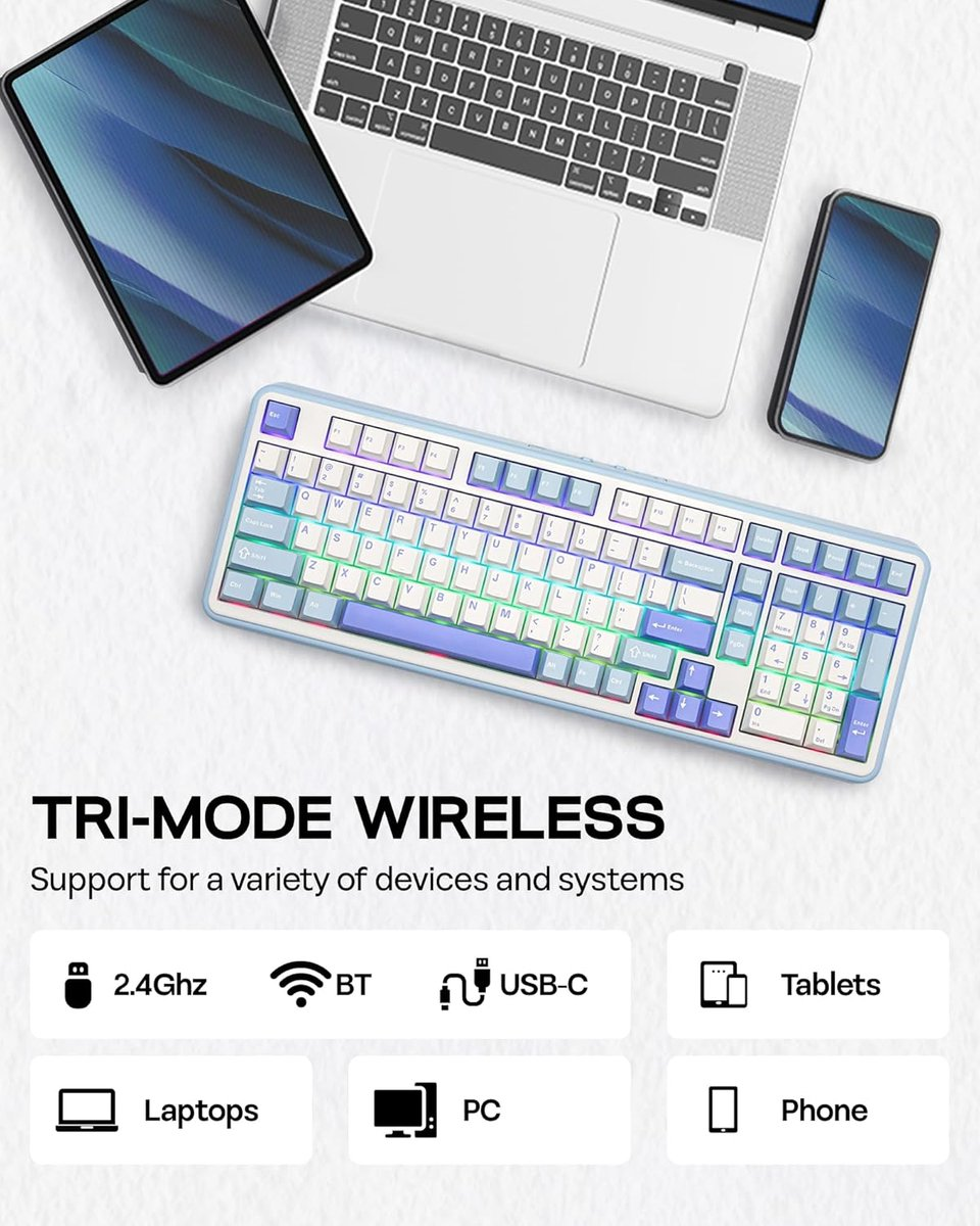 Een blauw mechanisch toetsenbord met RGB-verlichting, een laptop en een telefoon worden weergegeven.