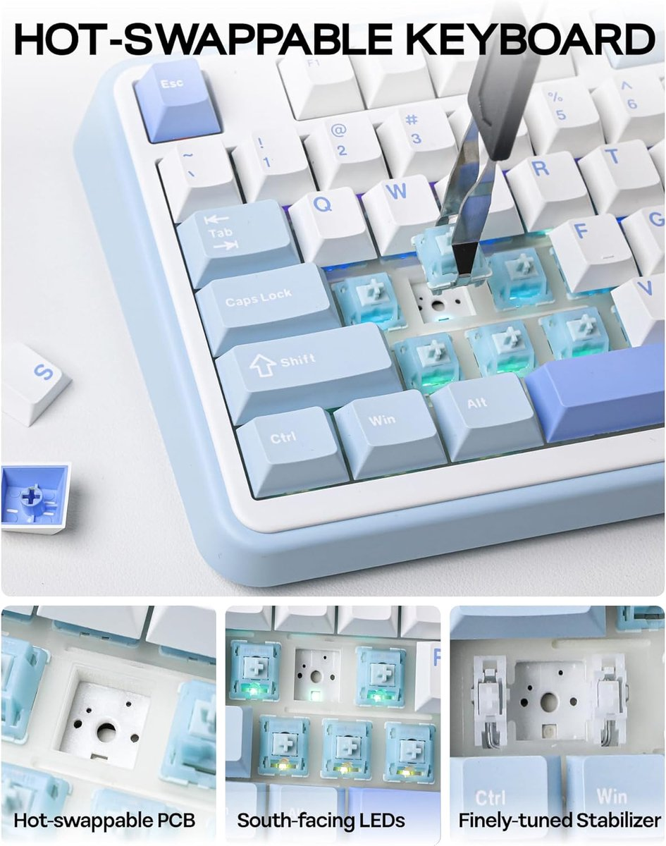 Een lichtblauwe toetsenbordindeling met witte keycaps en blauwe switches wordt weergegeven.