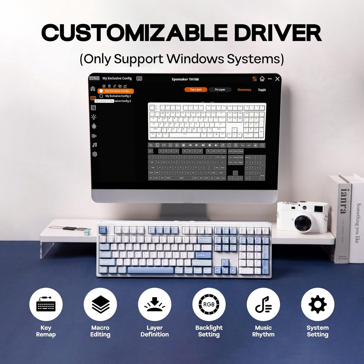 Computerscherm toont toetsenbordsoftware. Wit toetsenbord ervoor. Iconen eronder.