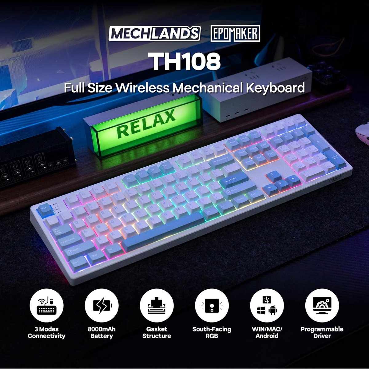 Een wit Mechlands TH108 mechanisch toetsenbord met RGB-verlichting.