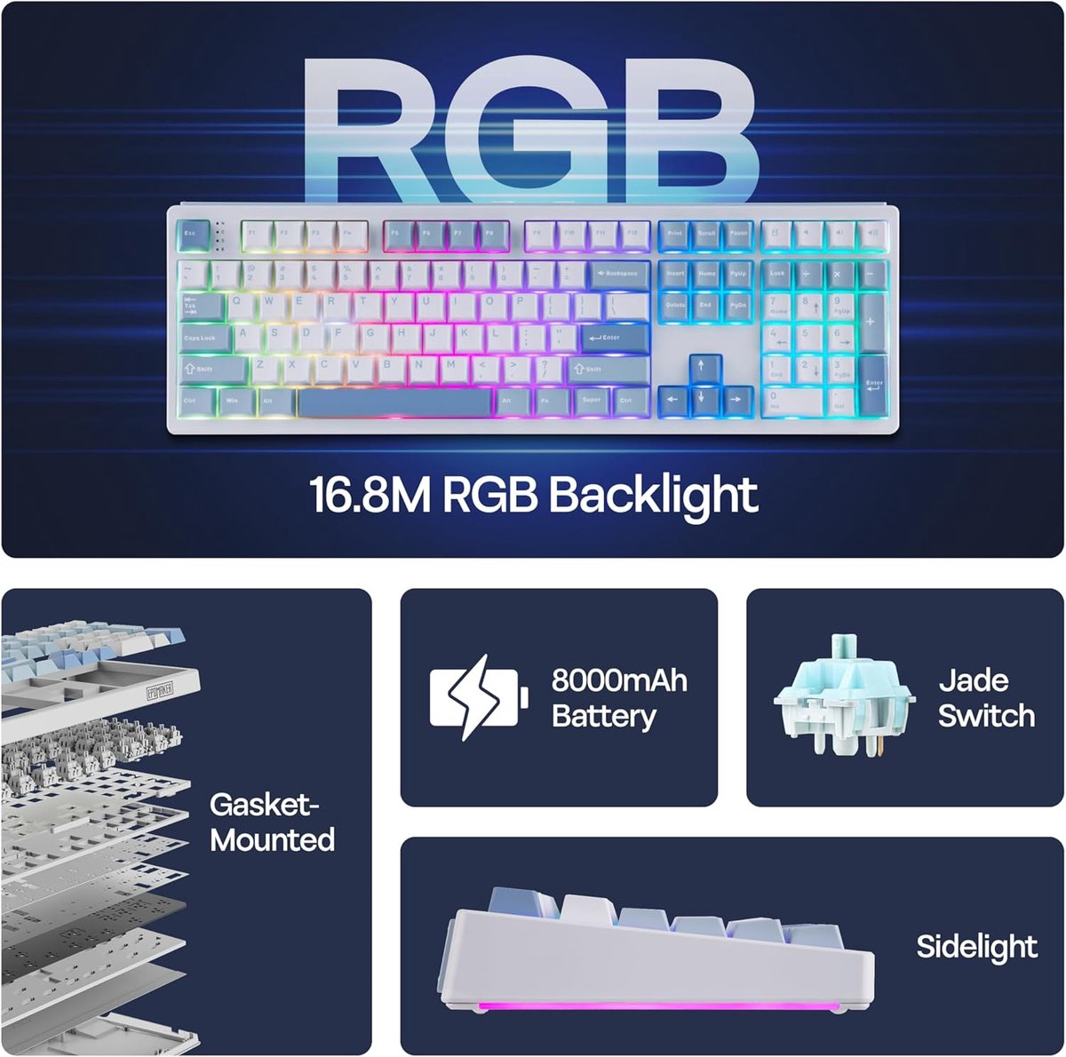 Wit RGB-toetsenbord met 16.8M achtergrondverlichting, gasket mount, 8000mAh batterij, Jade switch.