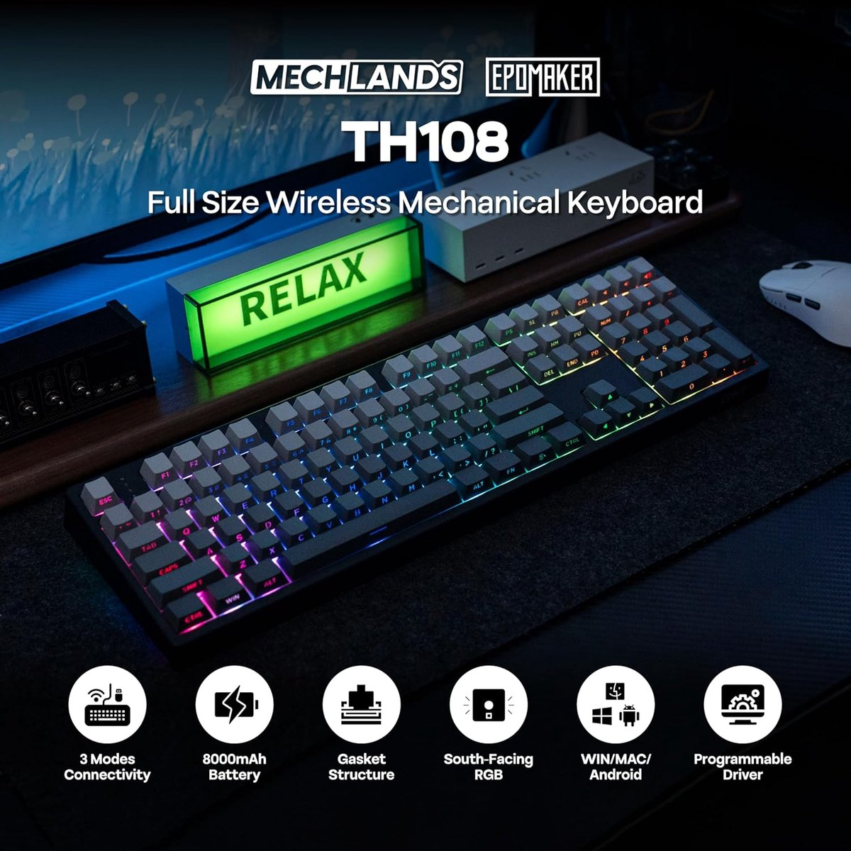 Een verlichte Mechlands TH108 mechanisch toetsenbord met RGB-verlichting.