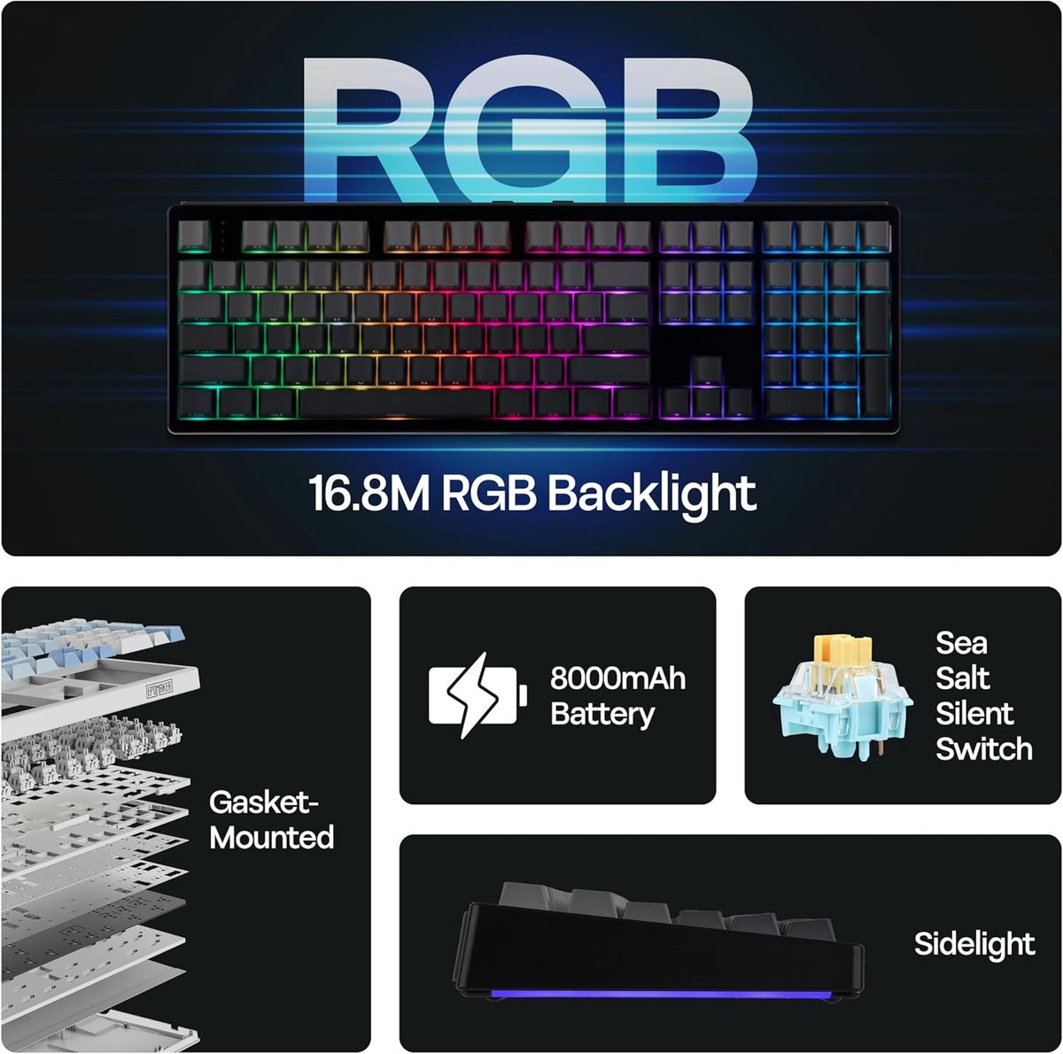 Een toetsenbord met RGB-achtergrondverlichting, 8000 mAh batterij en zijverlichting.
