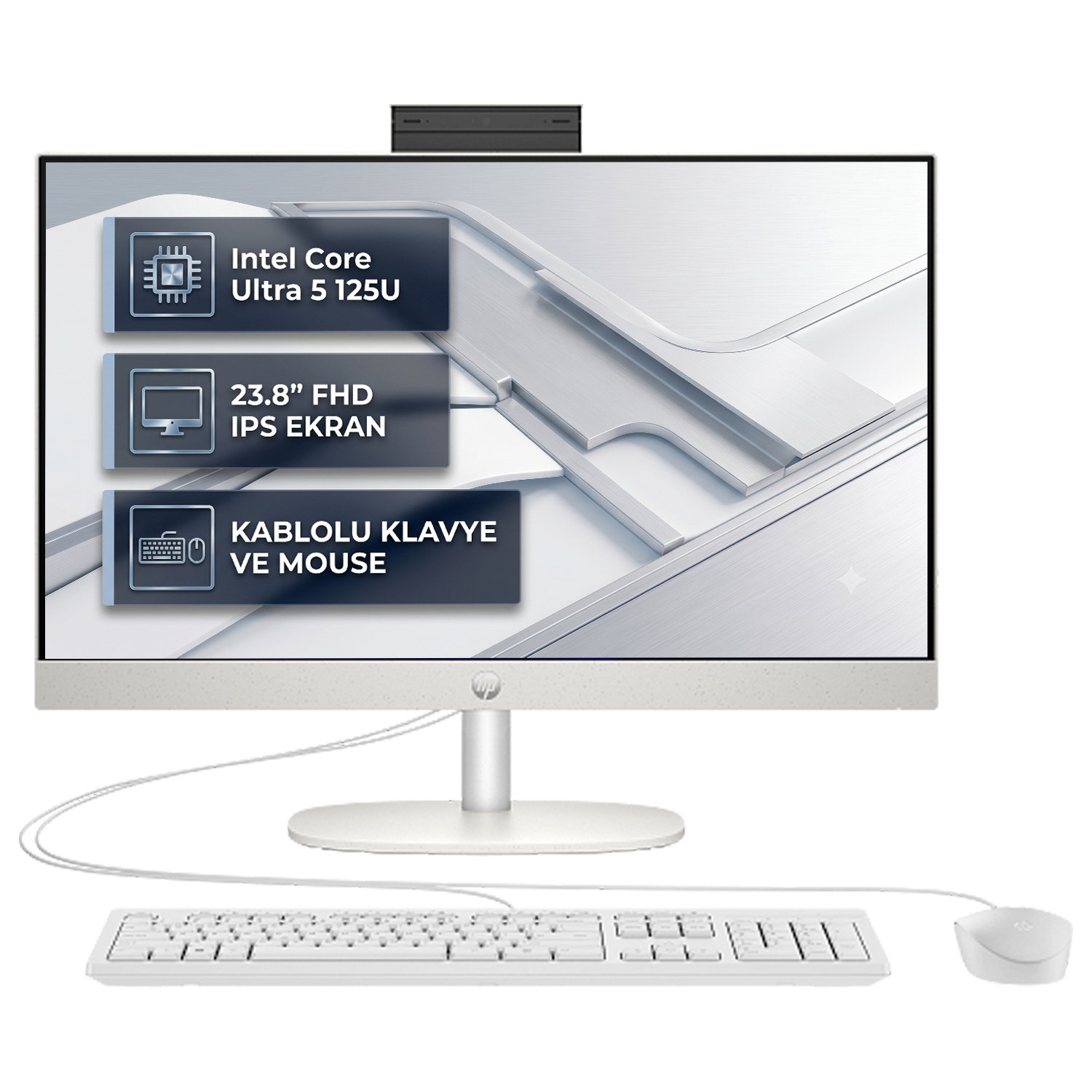 Intel Core Ultra 5 işlemcili, 23,8" FHD IPS ekrana sahip beyaz All-in-One bilgisayar, klavye ve fare.