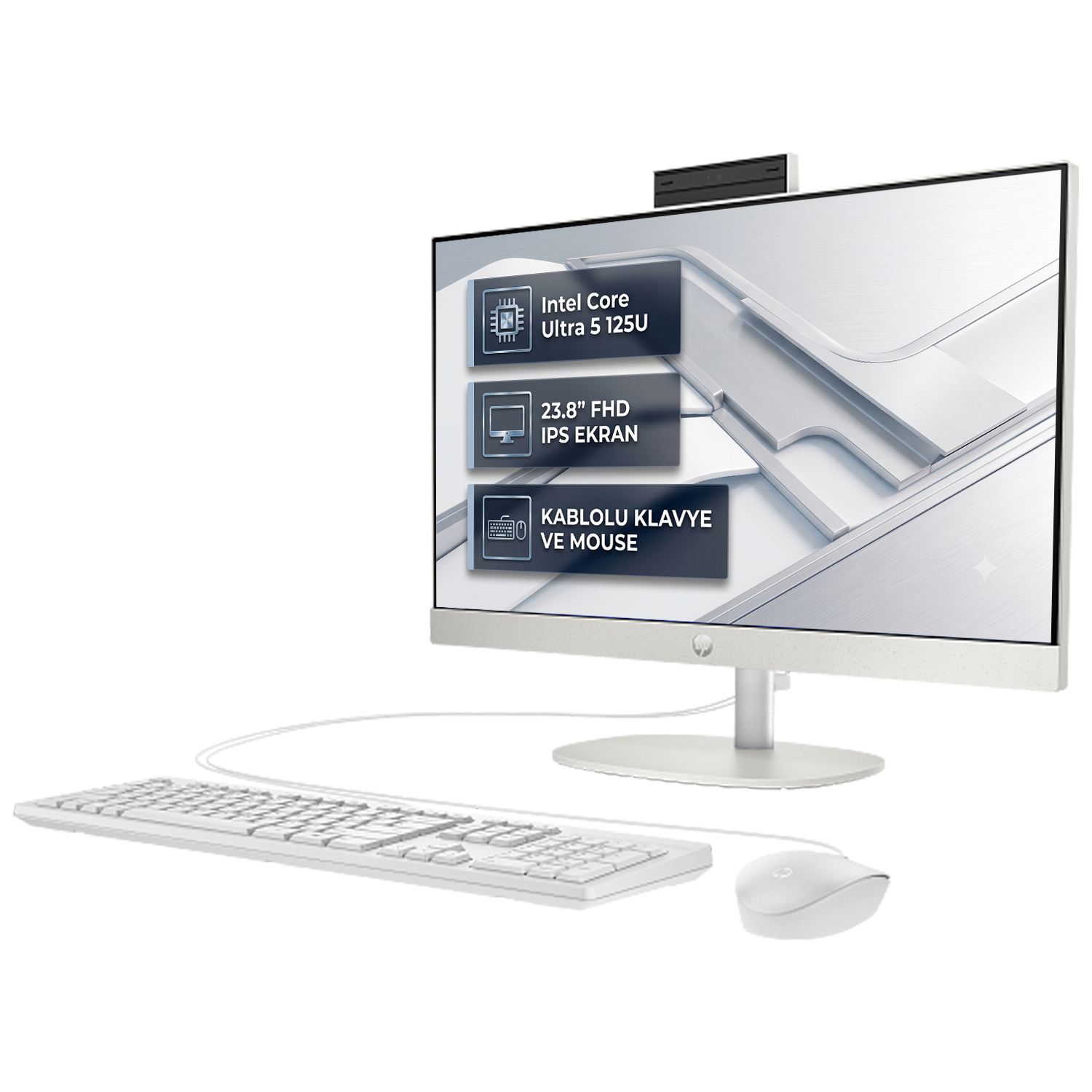 Klavye ve fareli beyaz Hepsi Bir Arada PC. Özellikler: Intel Core Ultra 5, 23.8" FHD IPS.