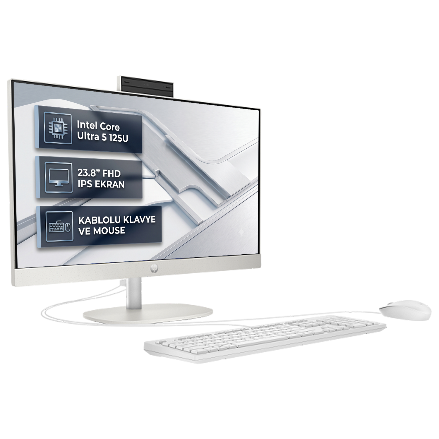 Intel Core i5, 23,8 inç IPS ekran, klavyeli ve fareli beyaz hepsi bir arada bilgisayar.