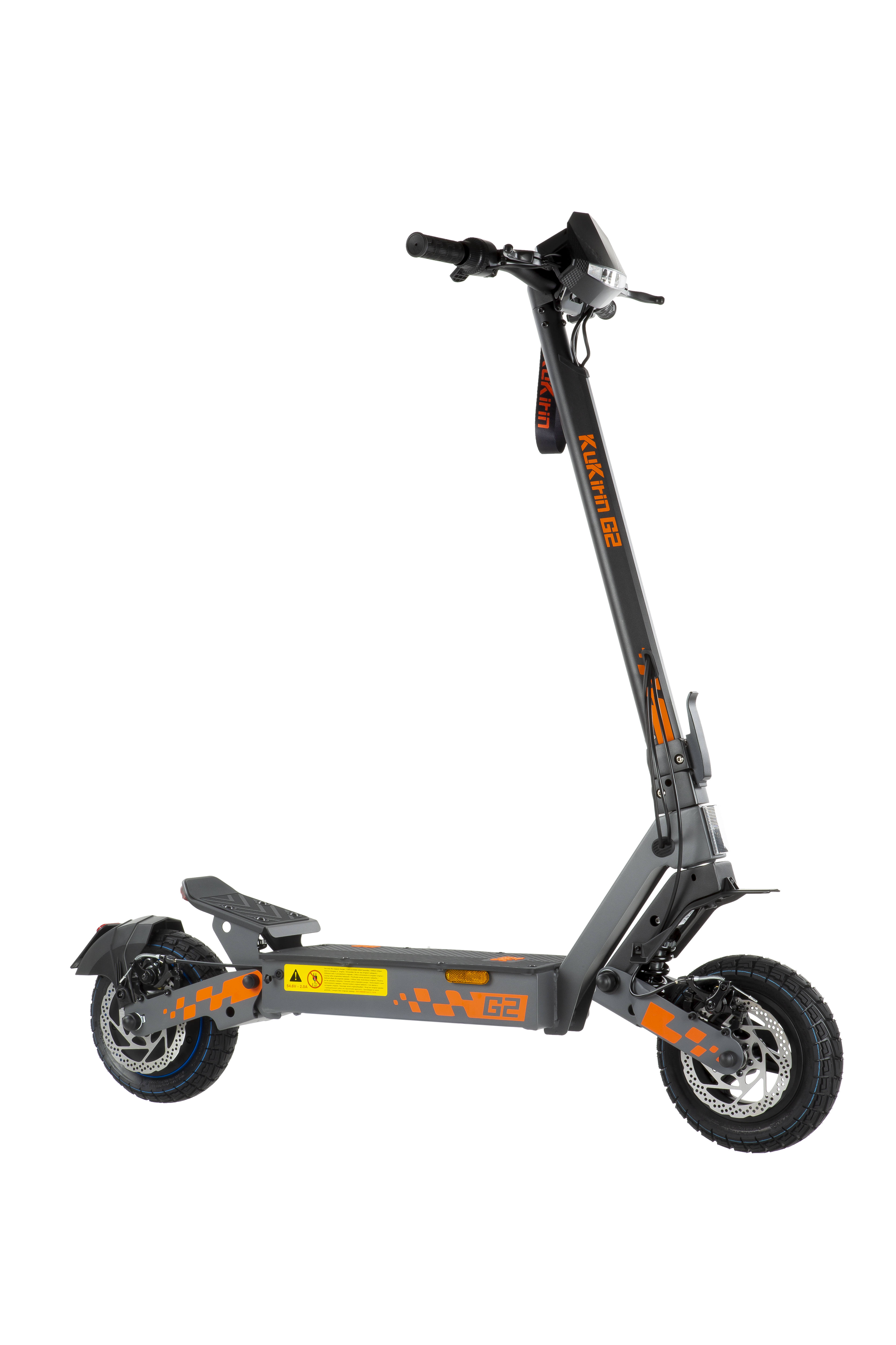Un patinete eléctrico gris con detalles naranjas y el texto "Kukirin G2".