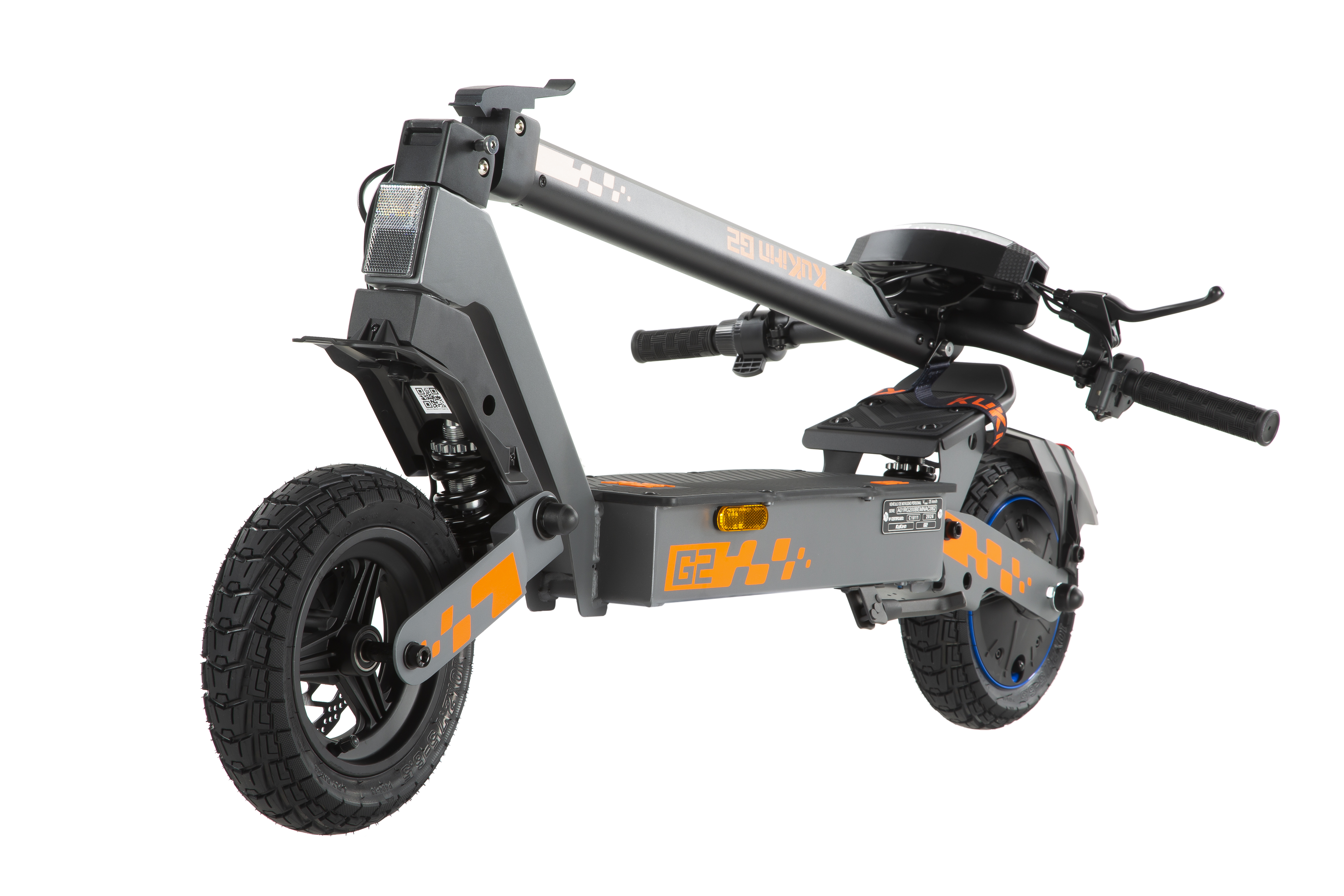 Patinete eléctrico gris con detalles naranjas y ruedas negras.
