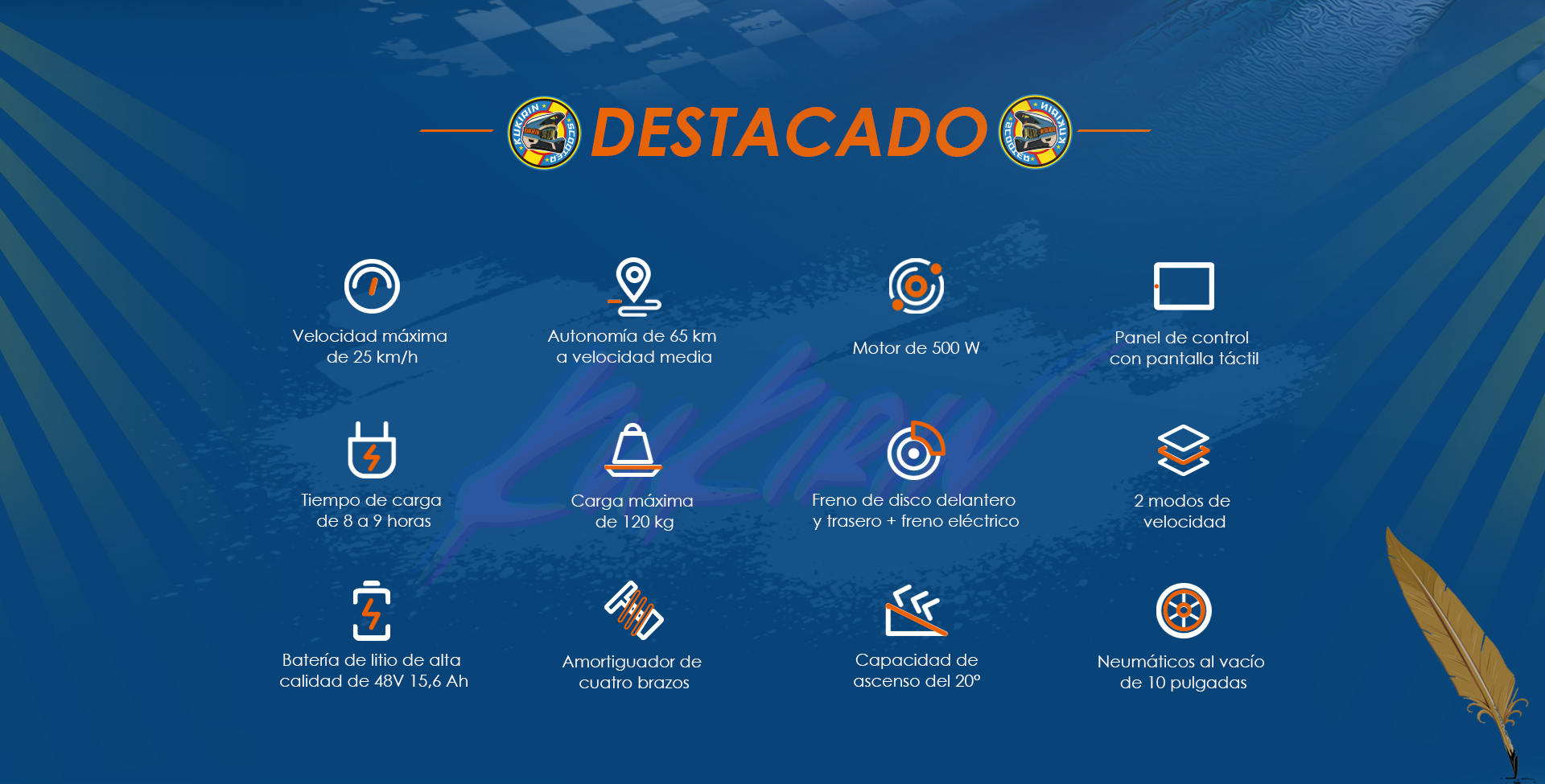 Destacados de un patinete eléctrico: velocidad máx., autonomía, motor, pantalla, tiempo de carga, carga máx., frenos, batería, suspensión, ascenso, neumáticos.