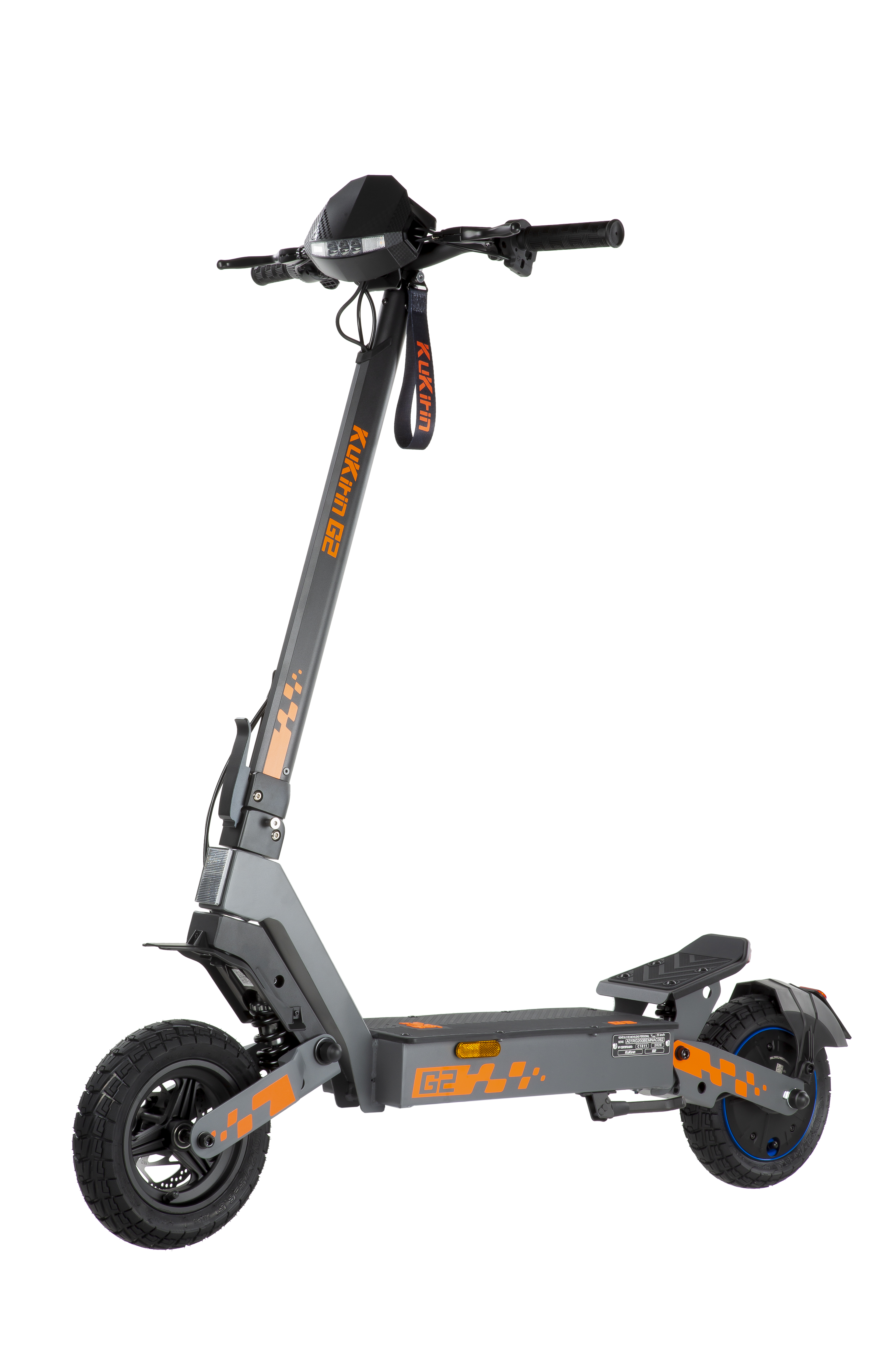 Un patinete eléctrico gris con detalles naranjas y la inscripción Kukirin G2.