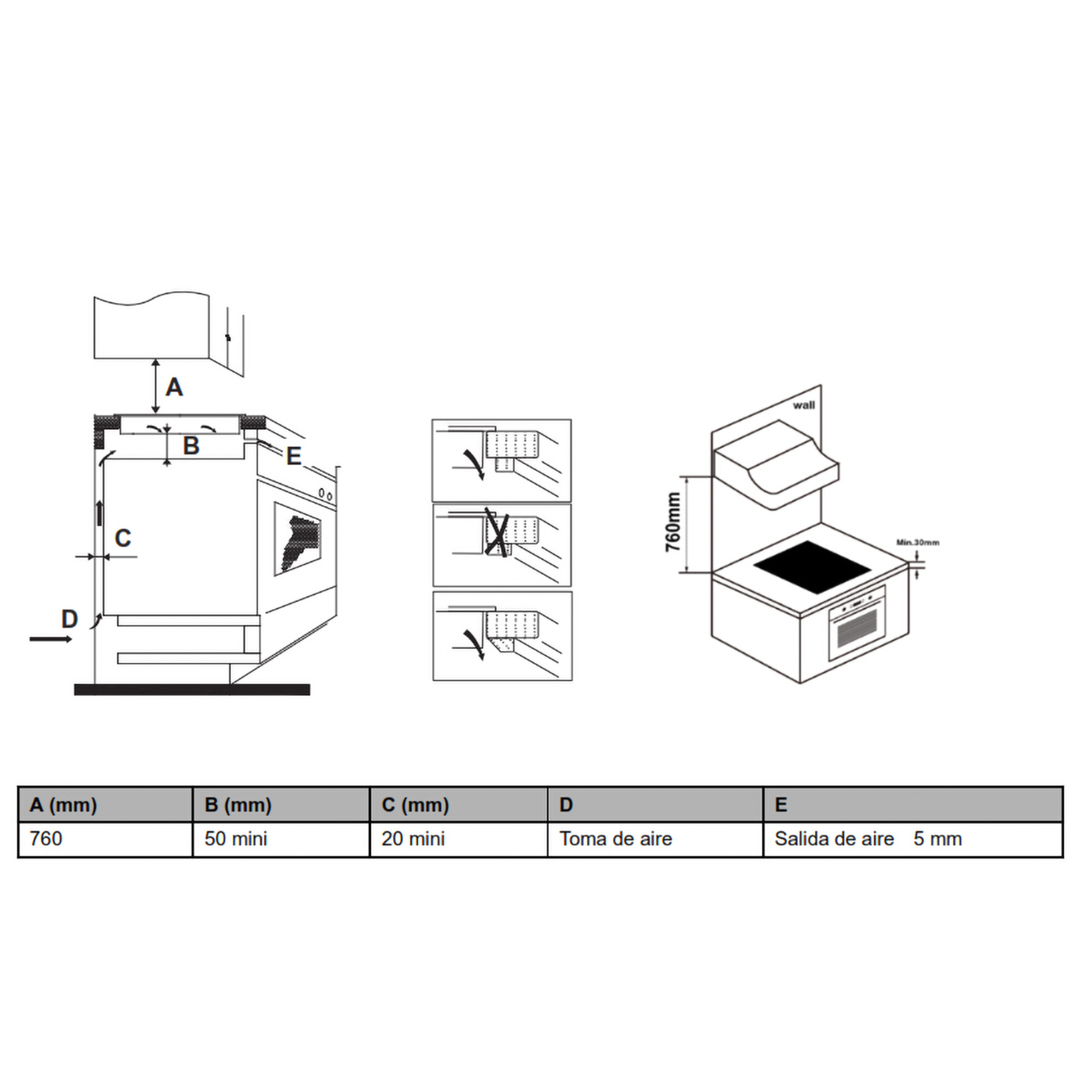 Diagrama que muestra las medidas para la instalación de un horno y campana. Incluye dimensiones y etiquetas.