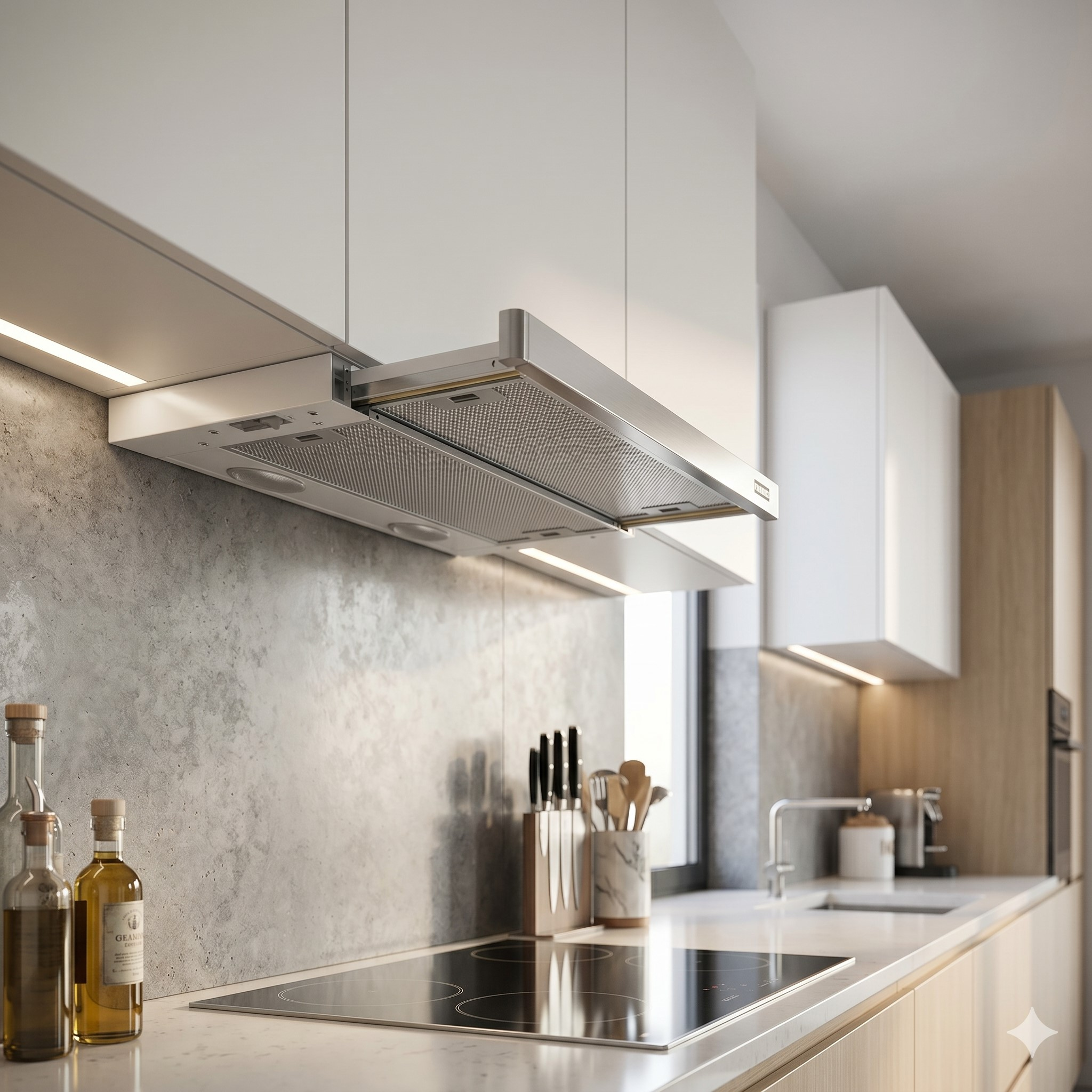 Cucina moderna con cappa, piano cottura a induzione ed elementi in legno.