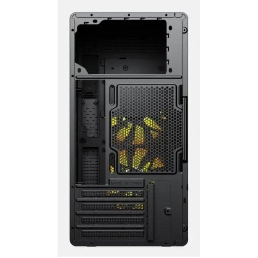Vista posteriore di un case per computer nero con ventole e fessure di ventilazione.
