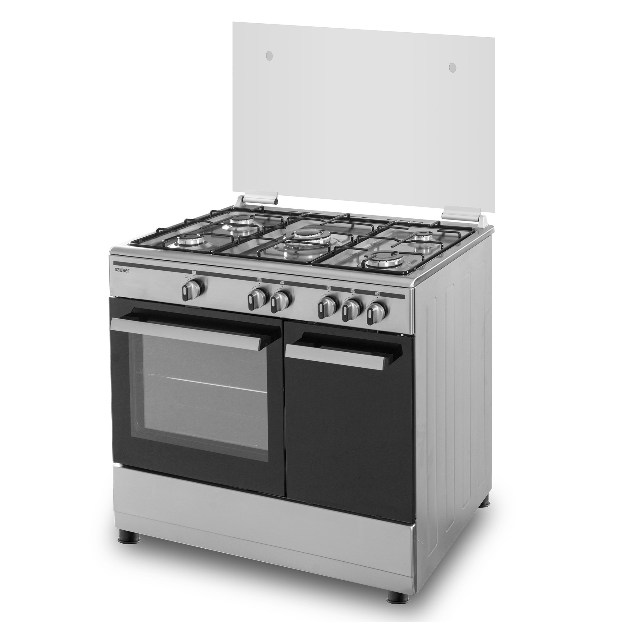 Una estufa de gas plateada con cuatro quemadores, horno y tapa de cristal.