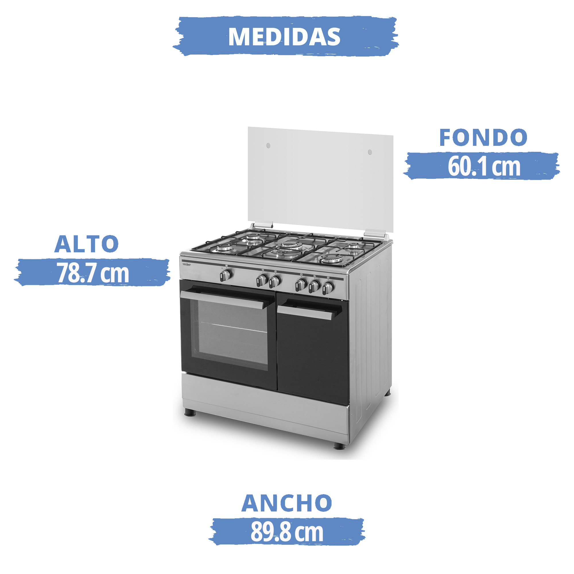 Una cocina de gas plateada con seis quemadores, dos hornos y mandos.