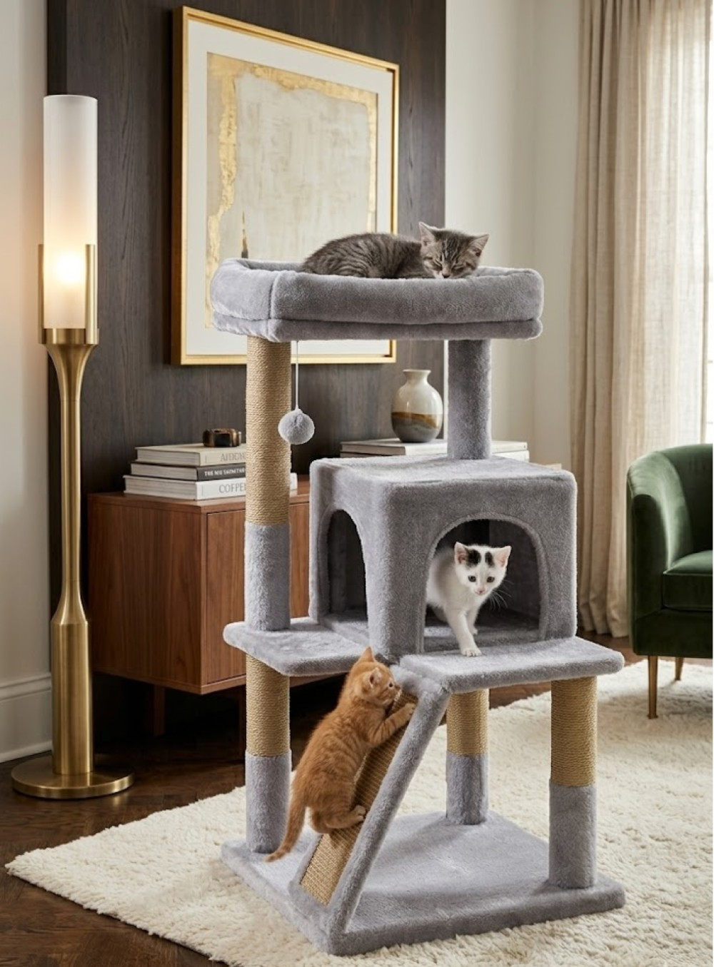 Gri bir kedi ağacında üç kedi. Biri tepede uyuyor, biri küpte yürüyor, biri tırmanıyor.