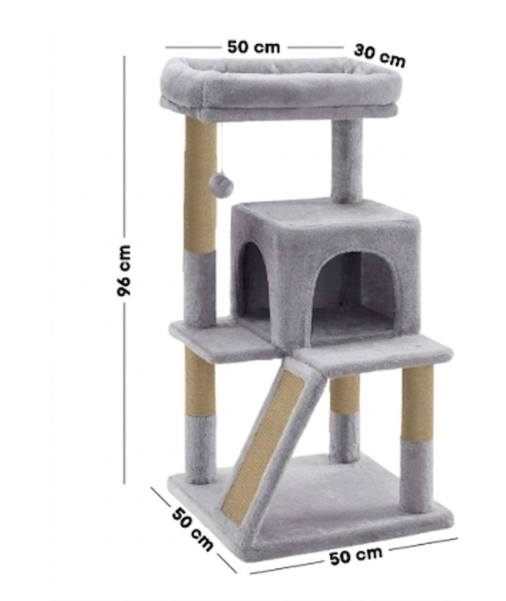 Gri, çok katlı kedi ağacı platformlu, rampalı ve oyuncaklı. Boyutlar: 96x50x30cm.