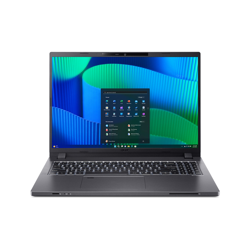 Un portátil oscuro con teclado retroiluminado y menú de inicio abierto en pantalla.