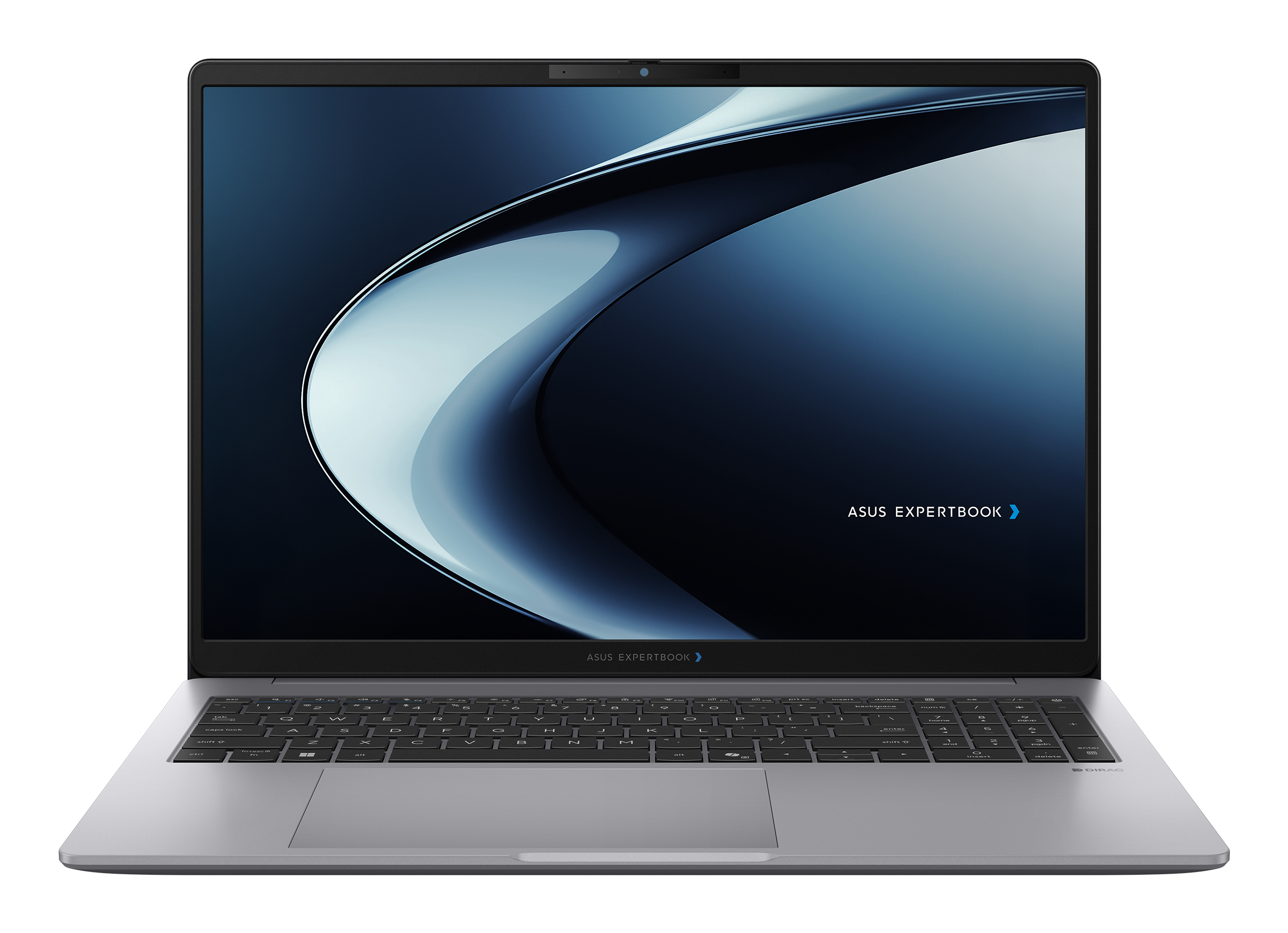 Un laptop Asus Expertbook argentato con un motivo blu astratto sullo schermo.