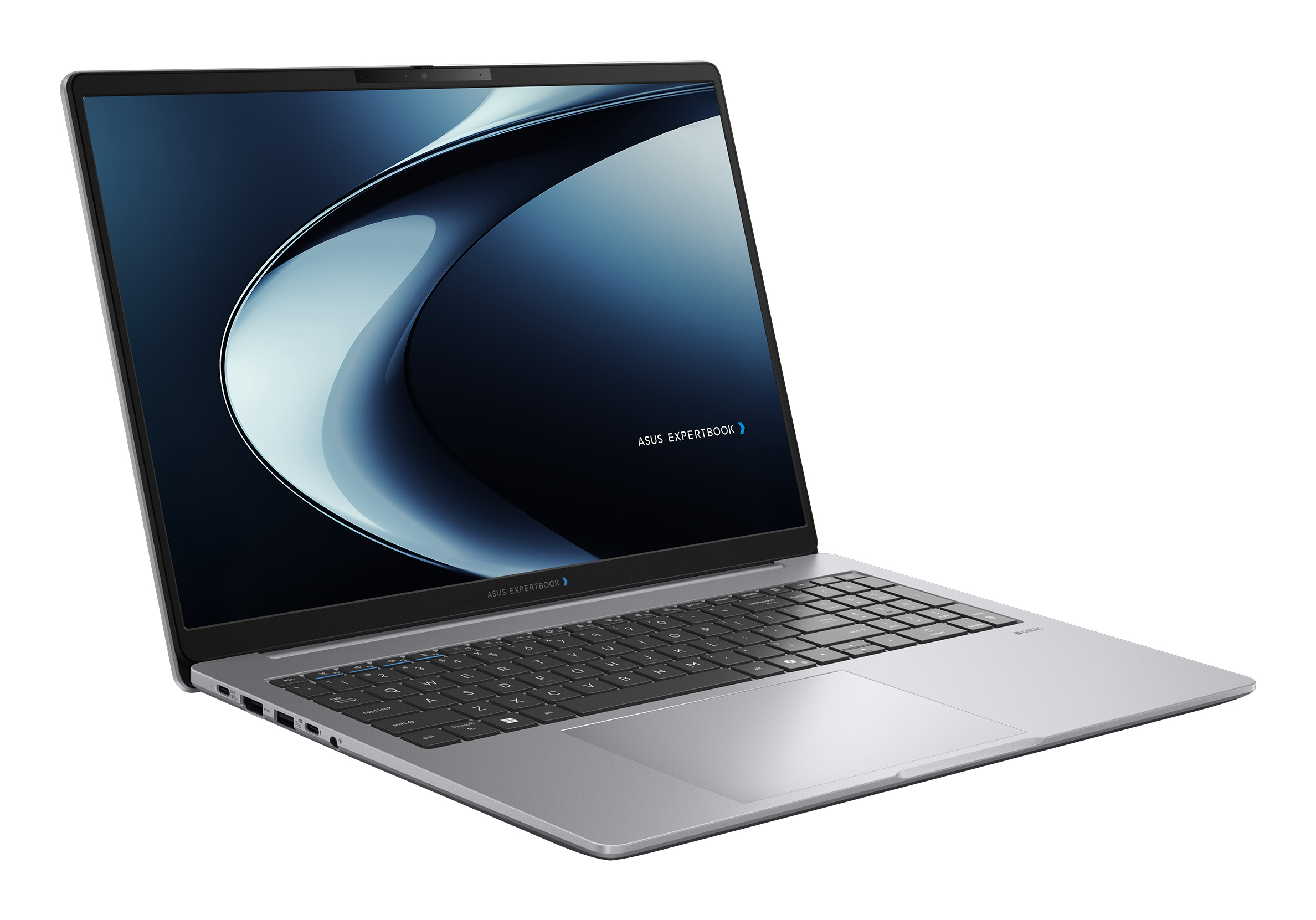Un laptop Asus ExpertBook argentato con uno sfondo astratto blu sullo schermo.