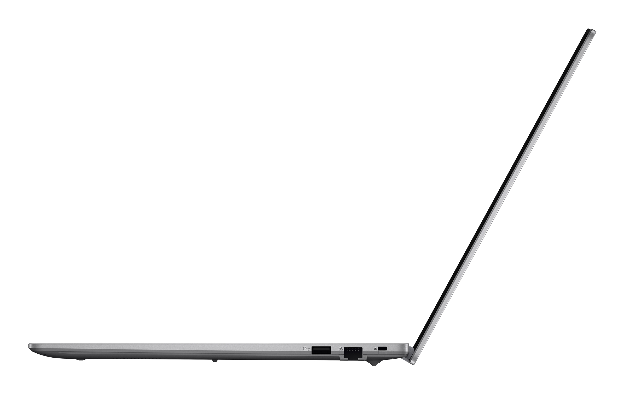 Laptop argentato di profilo con schermo aperto, che mostra le porte.