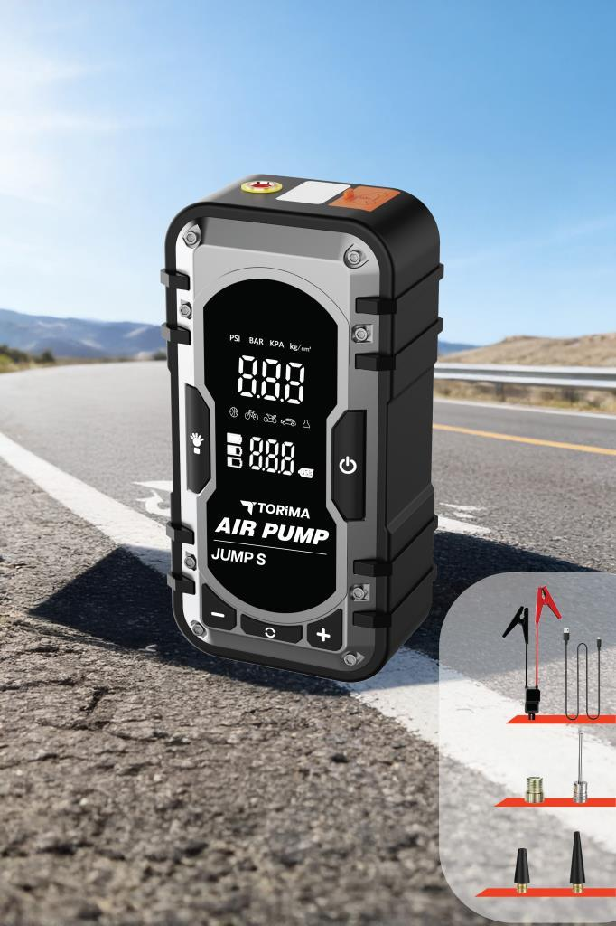 Siyah Torima Air Pump Jump S dijital ekranlı, yolda.