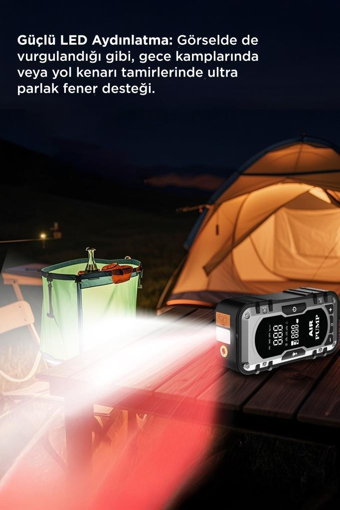 LED ışıklı taşınabilir hava pompası/şarj cihazı gece kamp alanını aydınlatıyor.