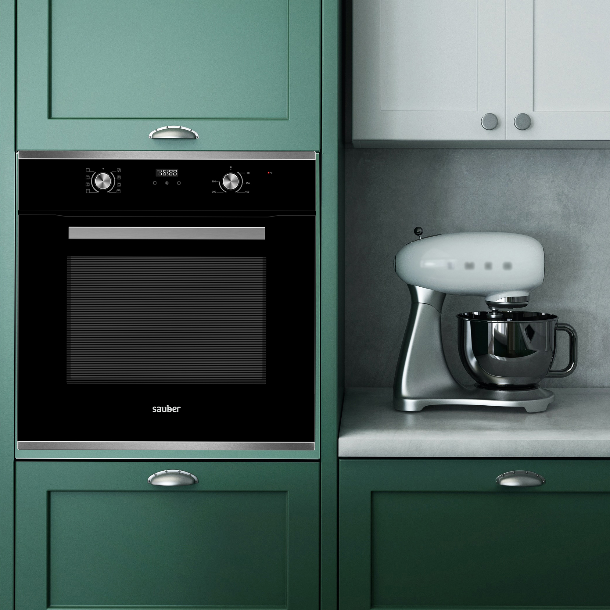 Un horno de cocina verde moderno con botones plateados y una batidora de pie plateada.